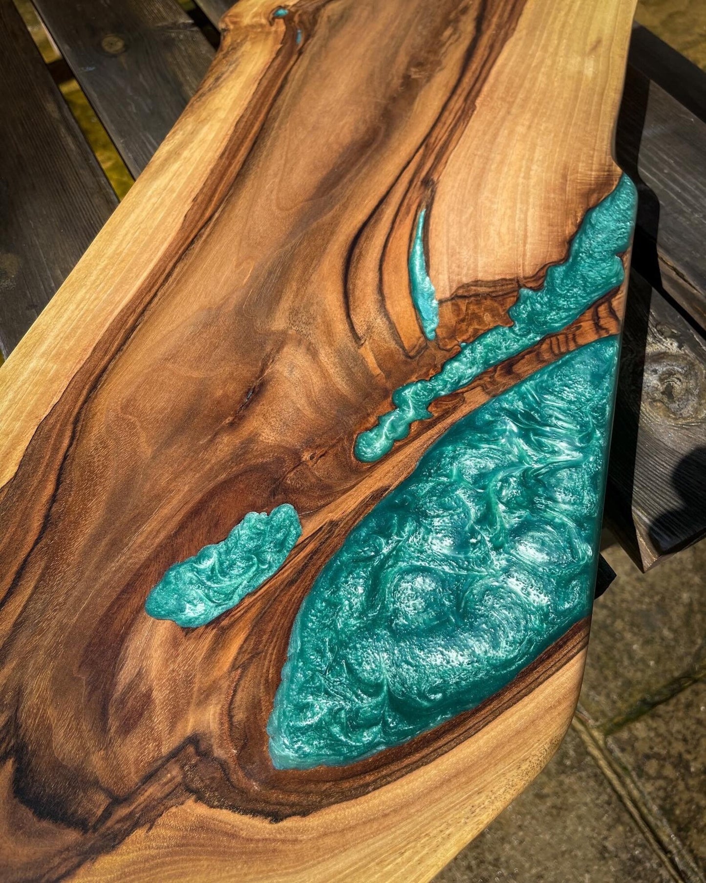 Extra Large Walnut Wood and Turquoise Epoxy Resin Charcuterie Board