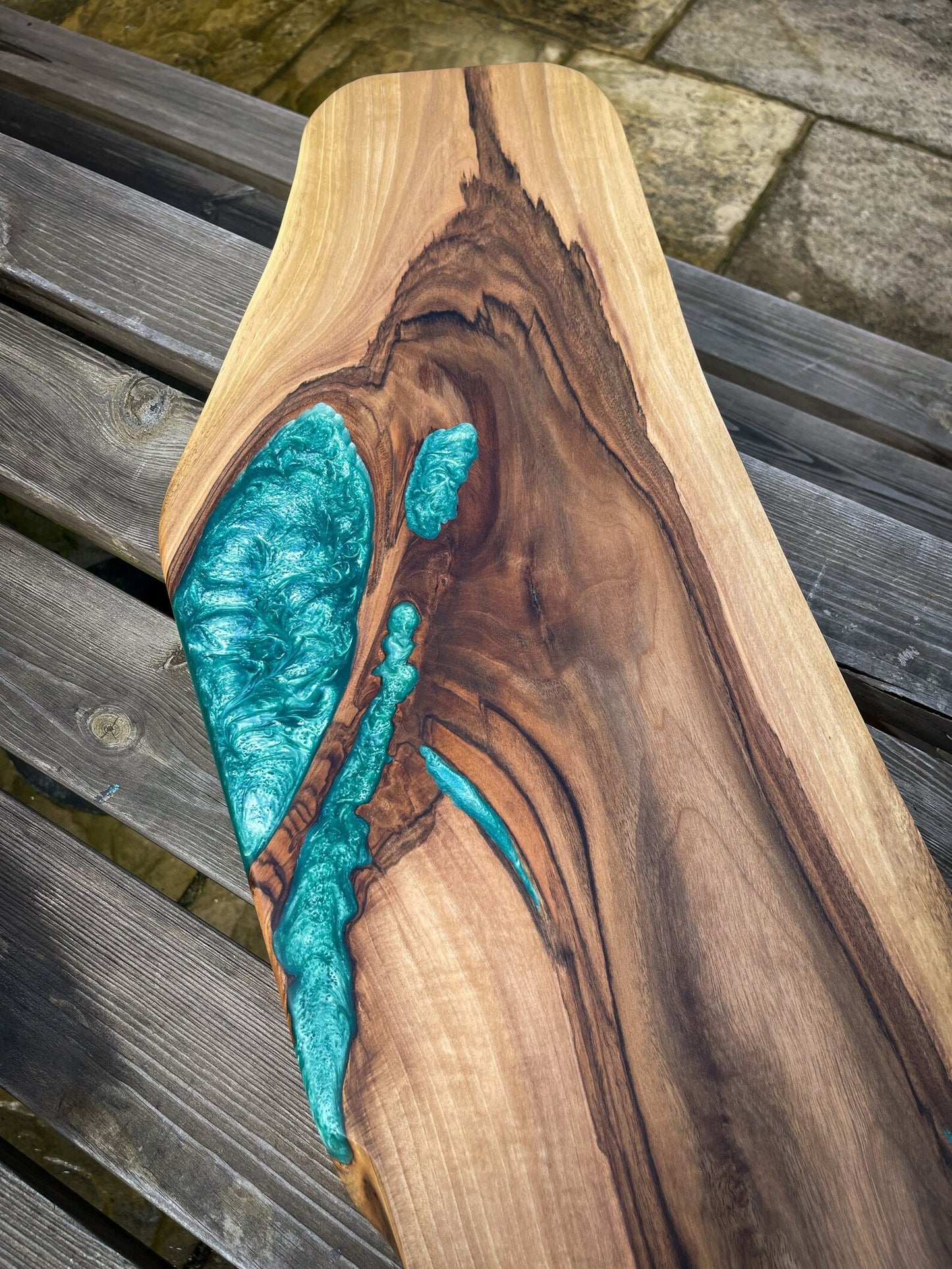 Extra Large Walnut Wood and Turquoise Epoxy Resin Charcuterie Board