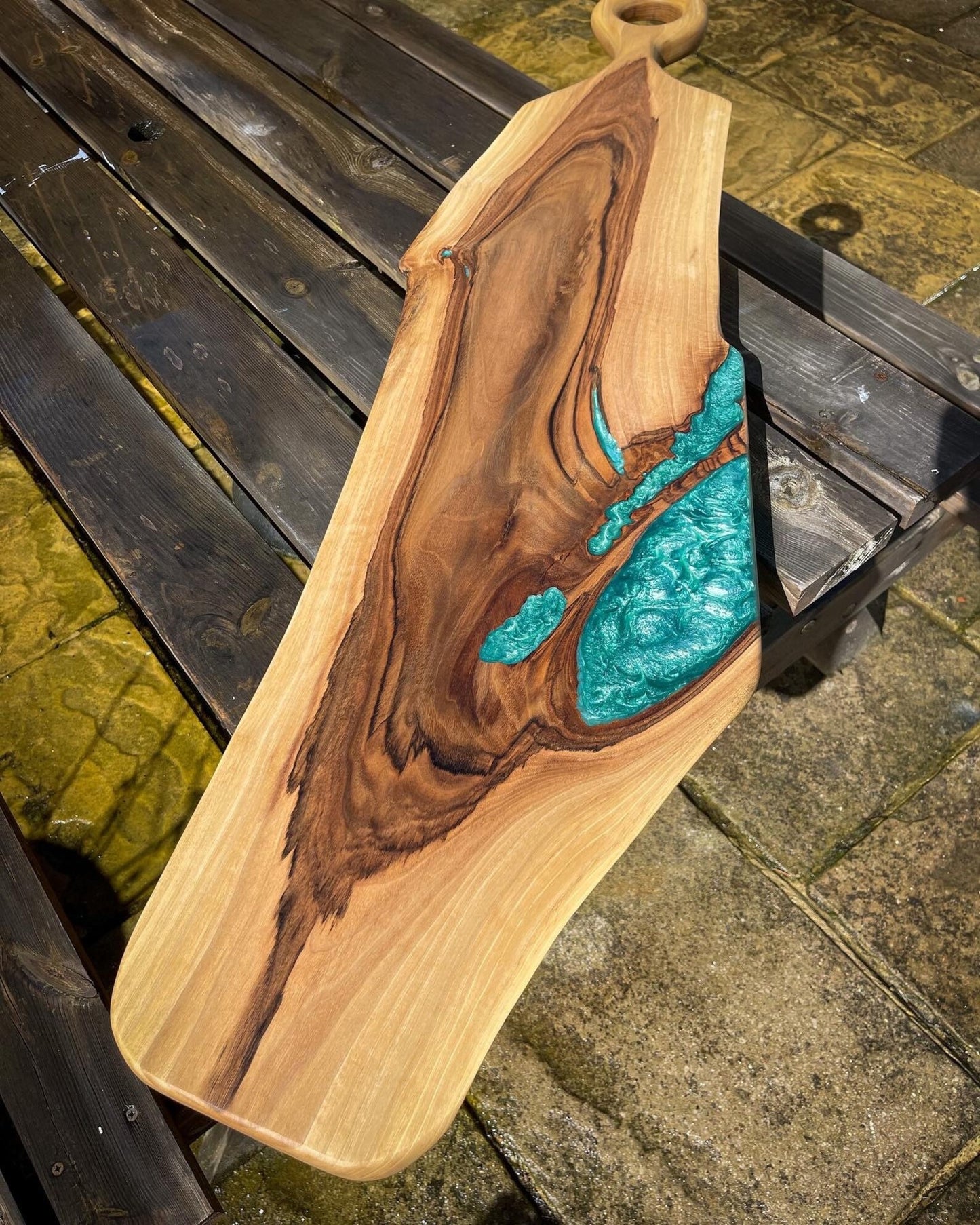 Extra Large Walnut Wood and Turquoise Epoxy Resin Charcuterie Board