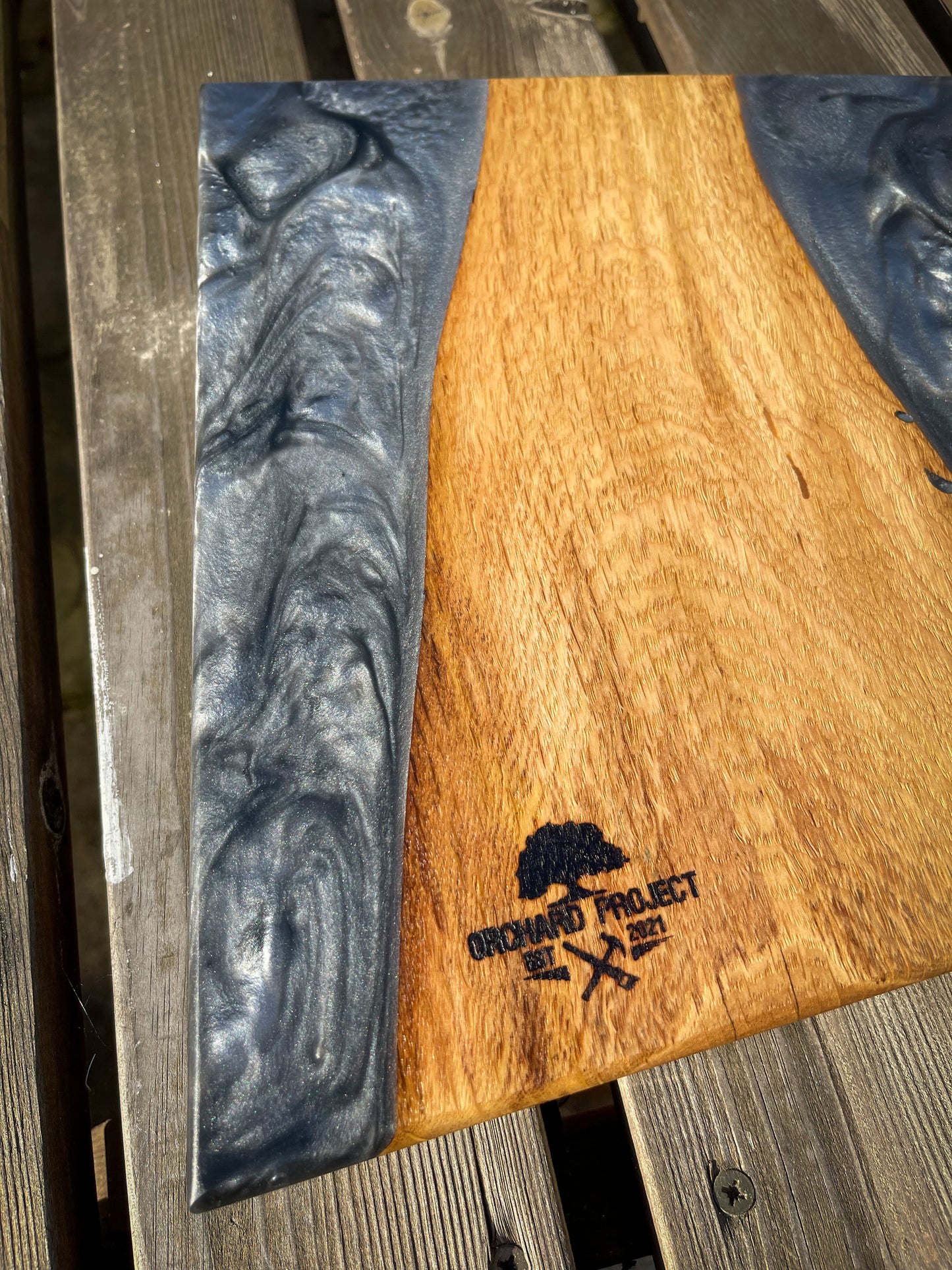 Medium Oak Wood and Smoked Grey Epoxy Resin Charcuterie Board