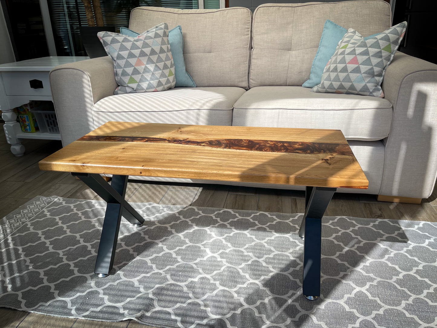Oak Wood and Bronze Epoxy Resin River Coffee Table