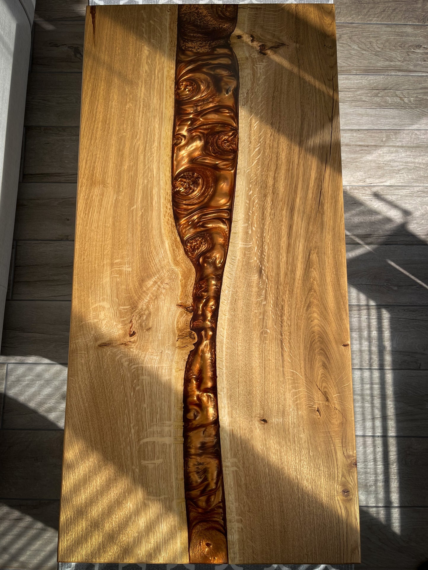 Oak Wood and Bronze Epoxy Resin River Coffee Table