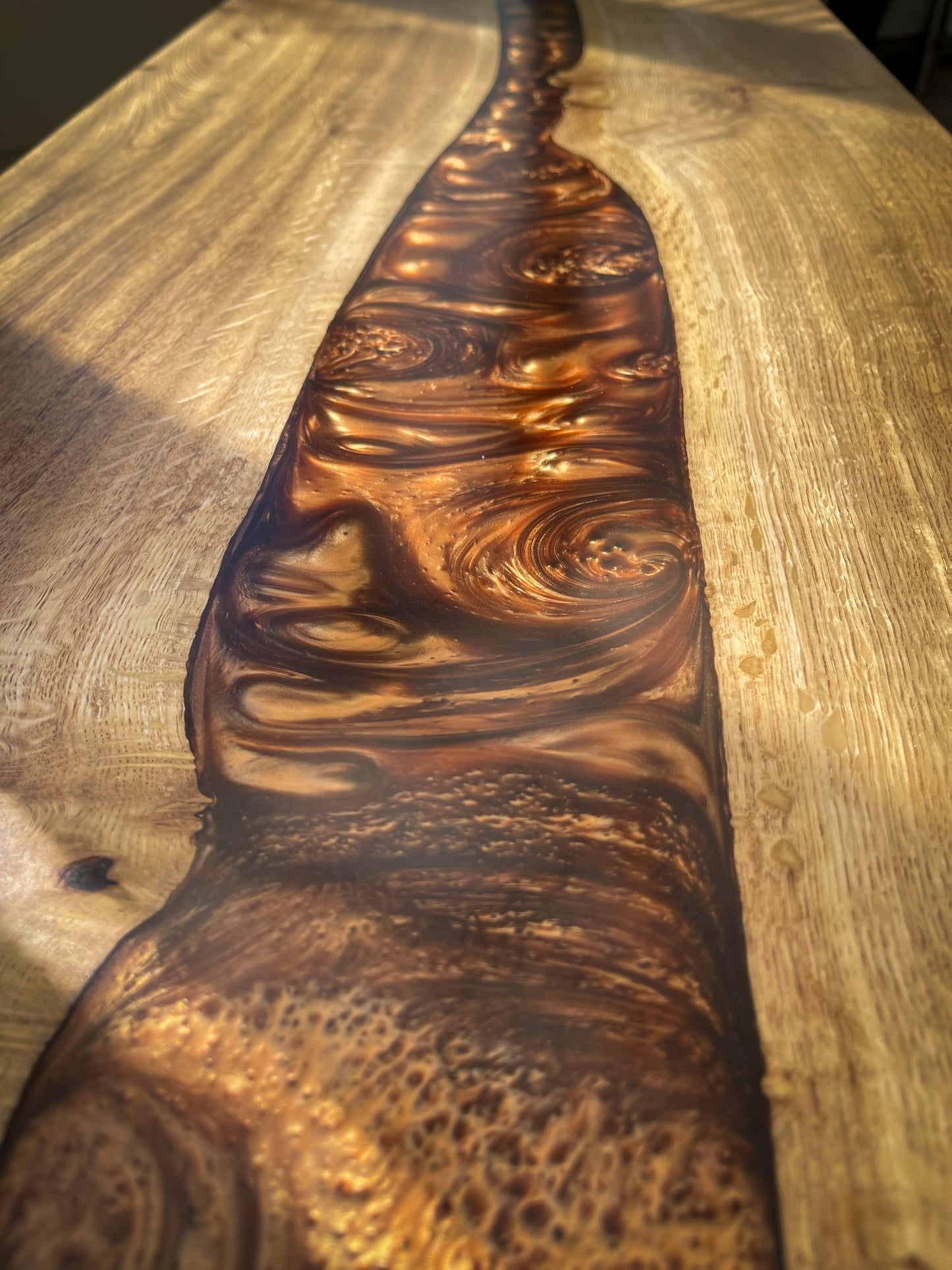 Oak Wood and Bronze Epoxy Resin River Coffee Table