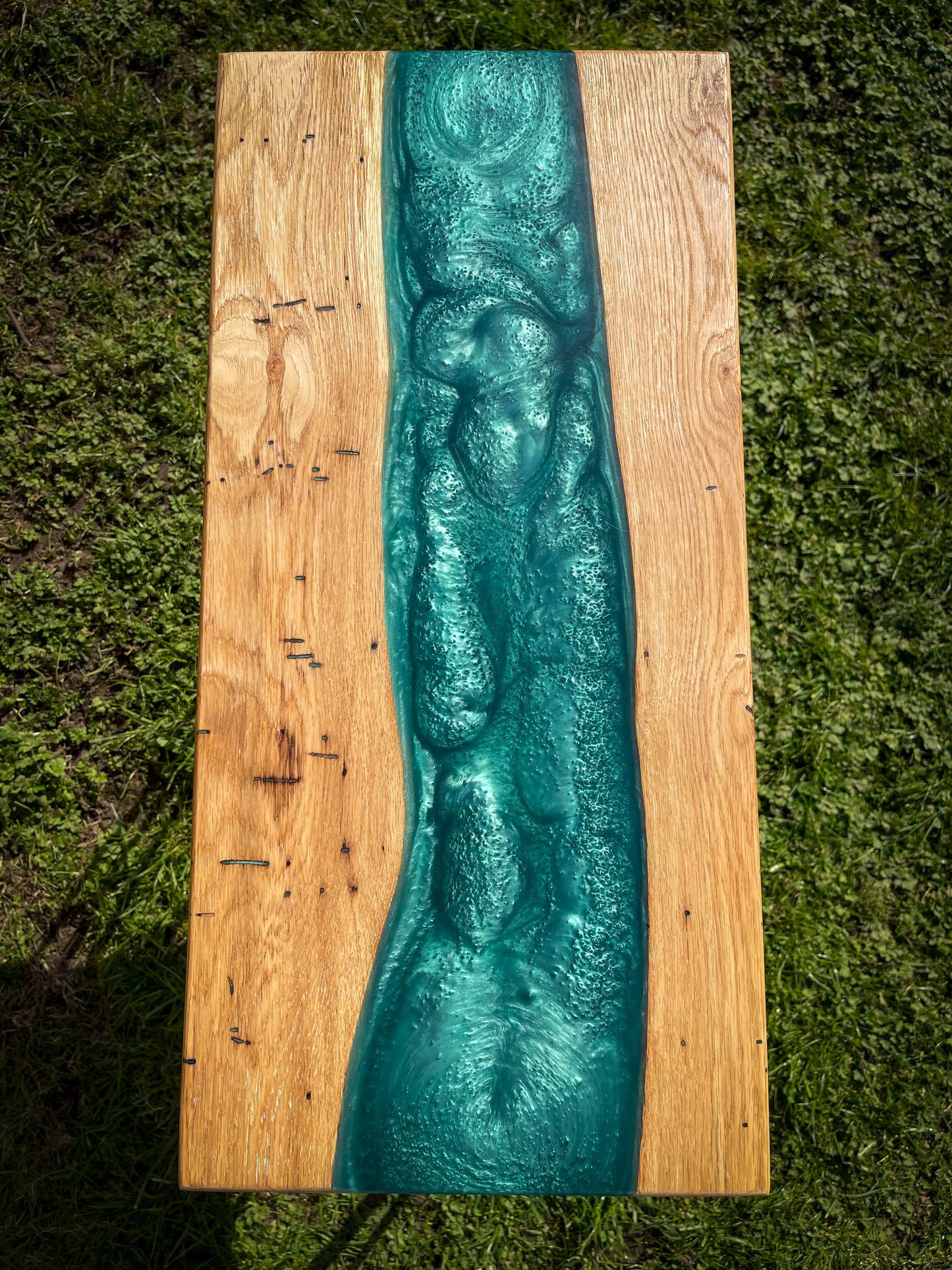 Oak Wood and Turquoise Epoxy Resin River Side Table