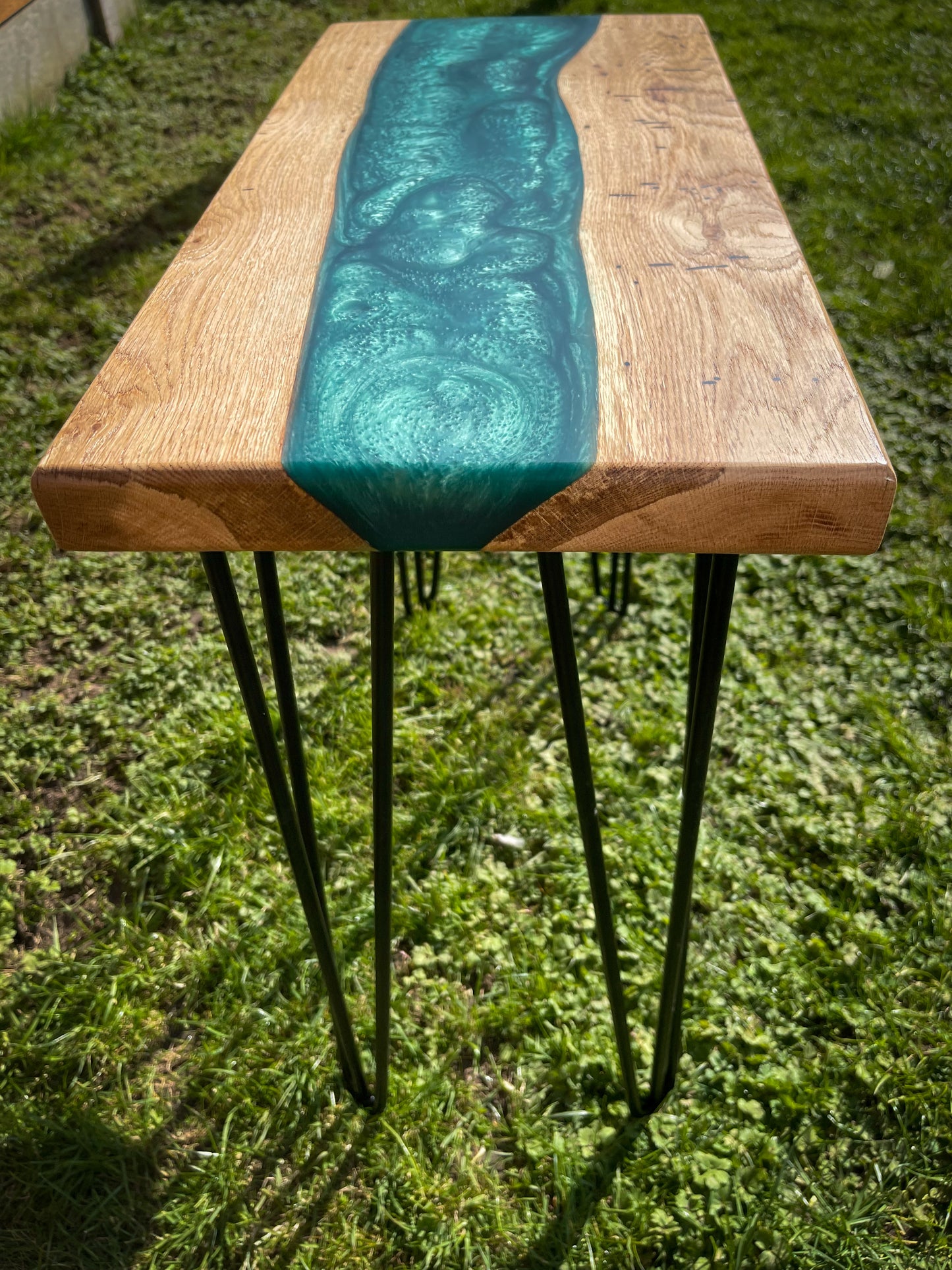 Oak Wood and Turquoise Epoxy Resin River Side Table