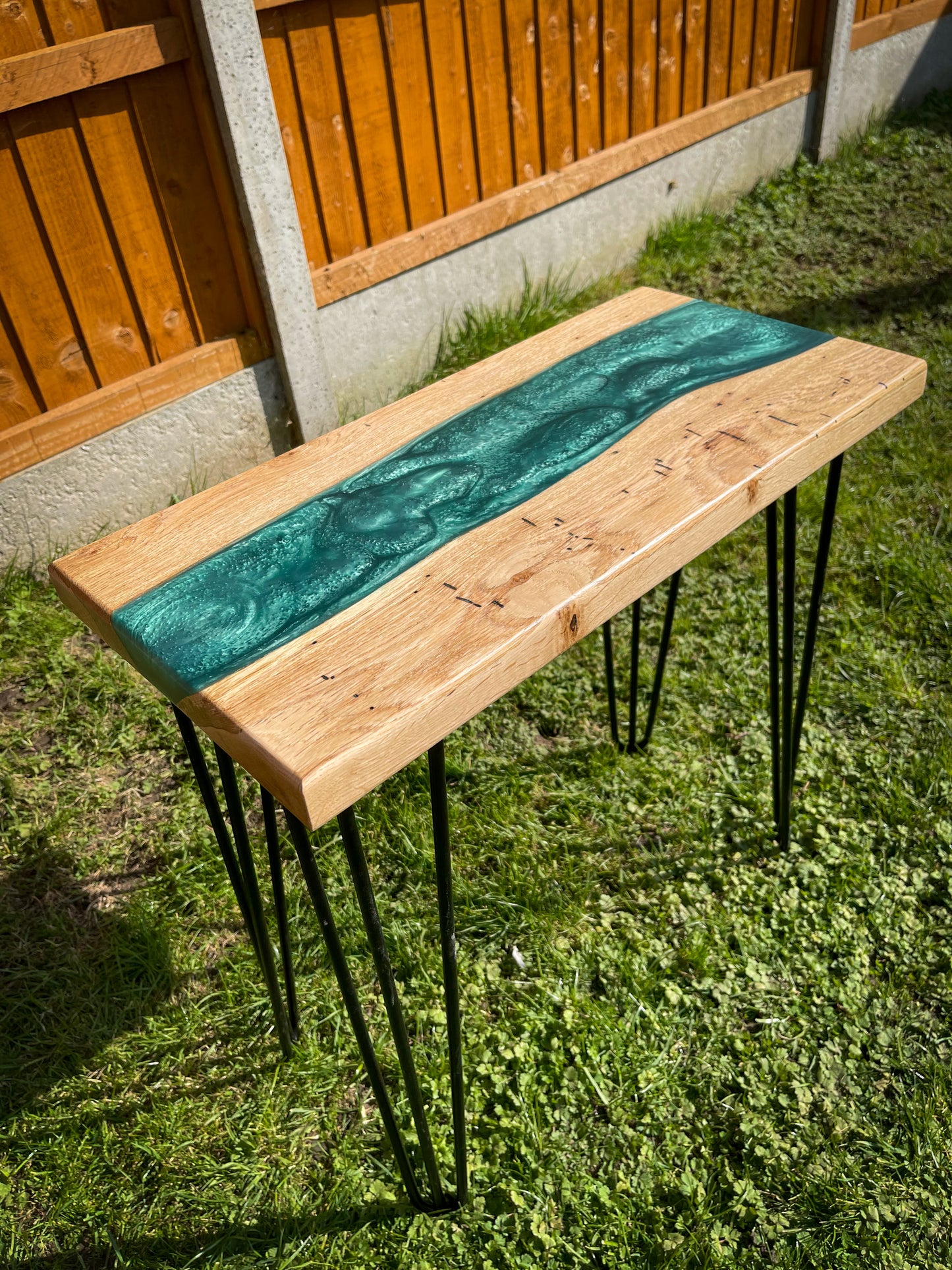 Oak Wood and Turquoise Epoxy Resin River Side Table
