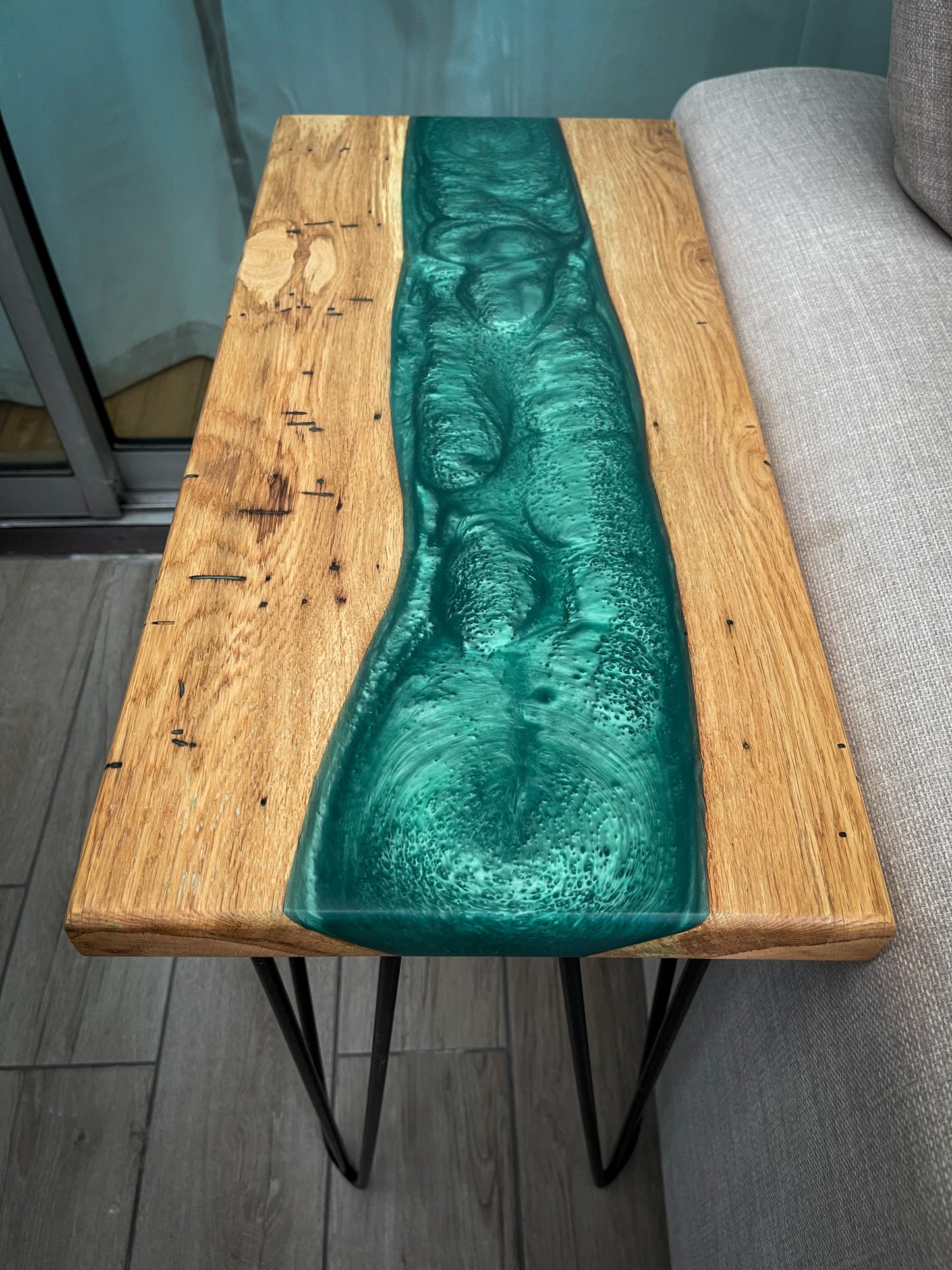 Oak Wood and Turquoise Epoxy Resin River Side Table