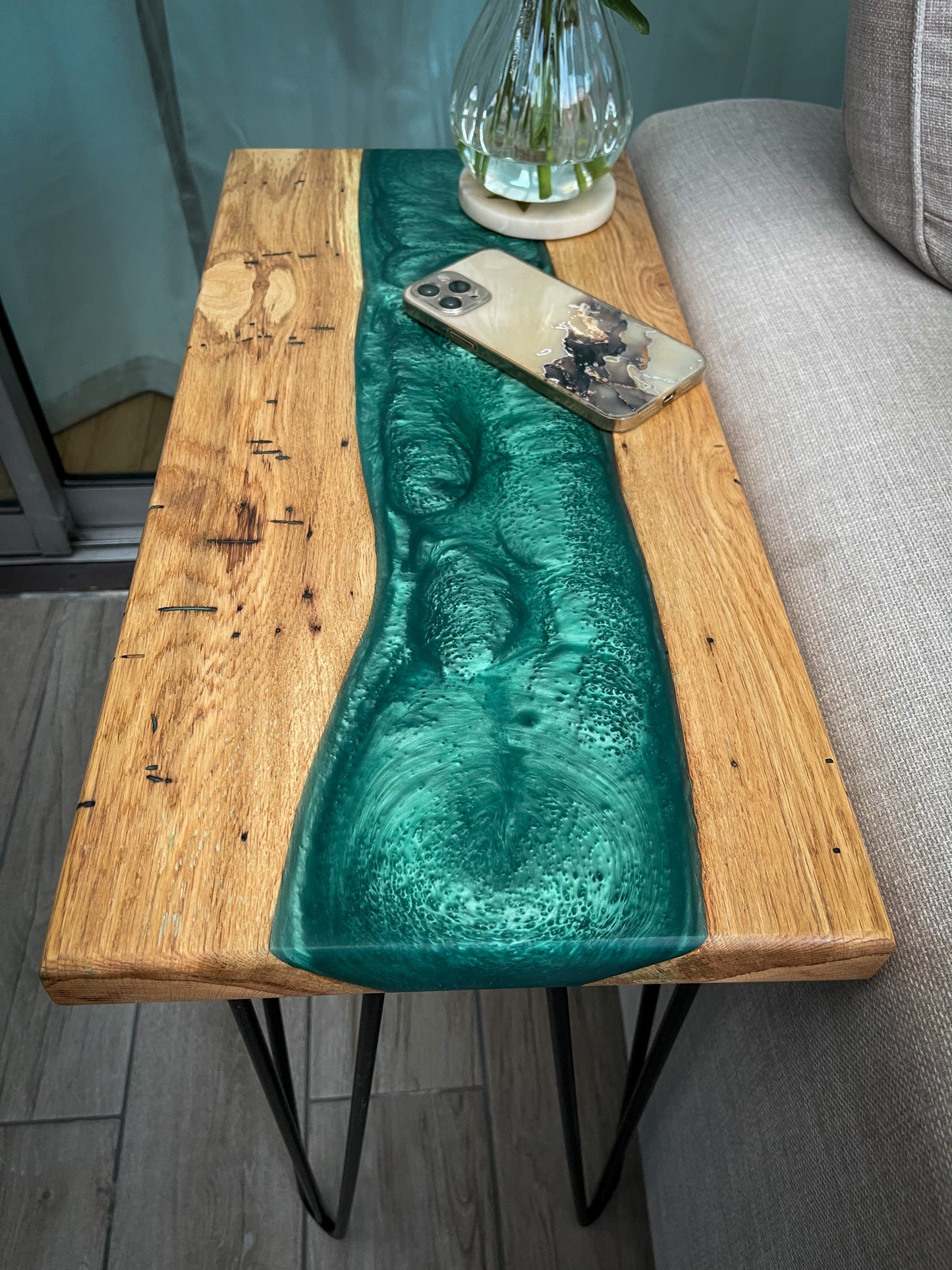 Oak Wood and Turquoise Epoxy Resin River Side Table