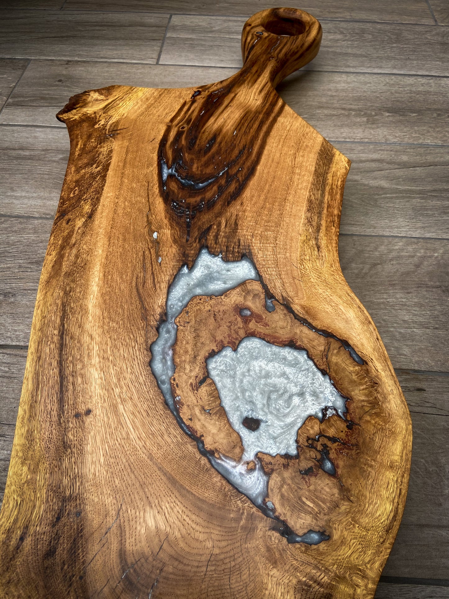Extra Large Oak Wood and White Pearl Epoxy Resin Charcuterie Board