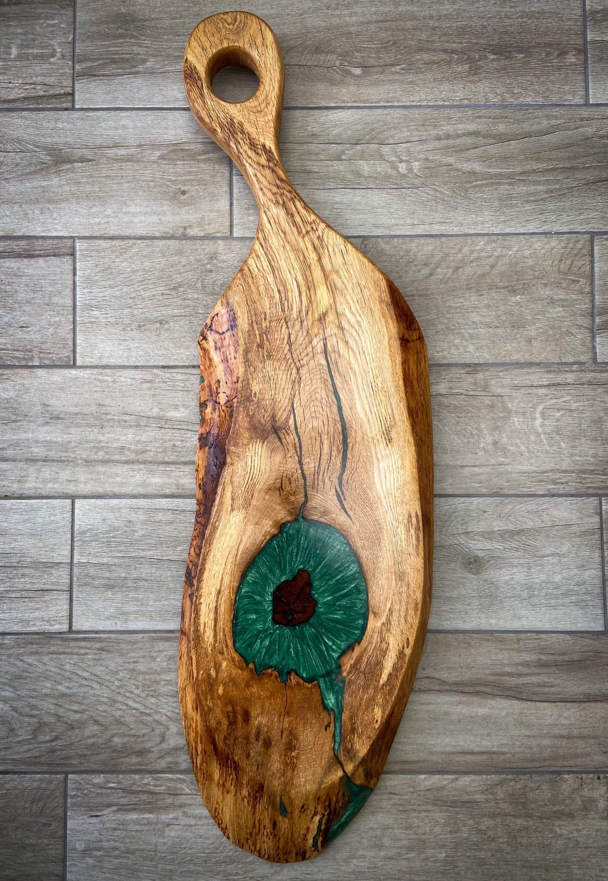 Extra Large Oak Wood and Green Epoxy Resin Charcuterie Board