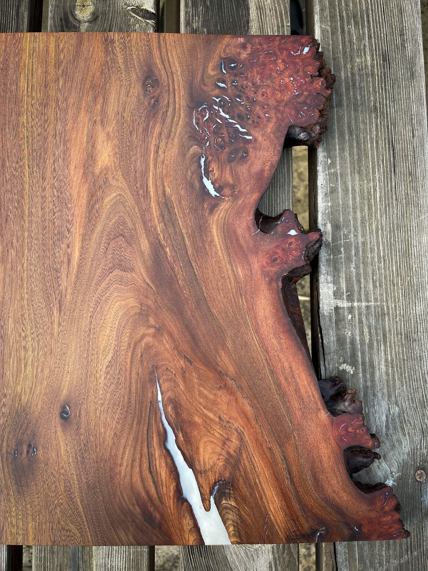 Large Wych Elm Burl and Pearl White Epoxy Resin Charcuterie Board