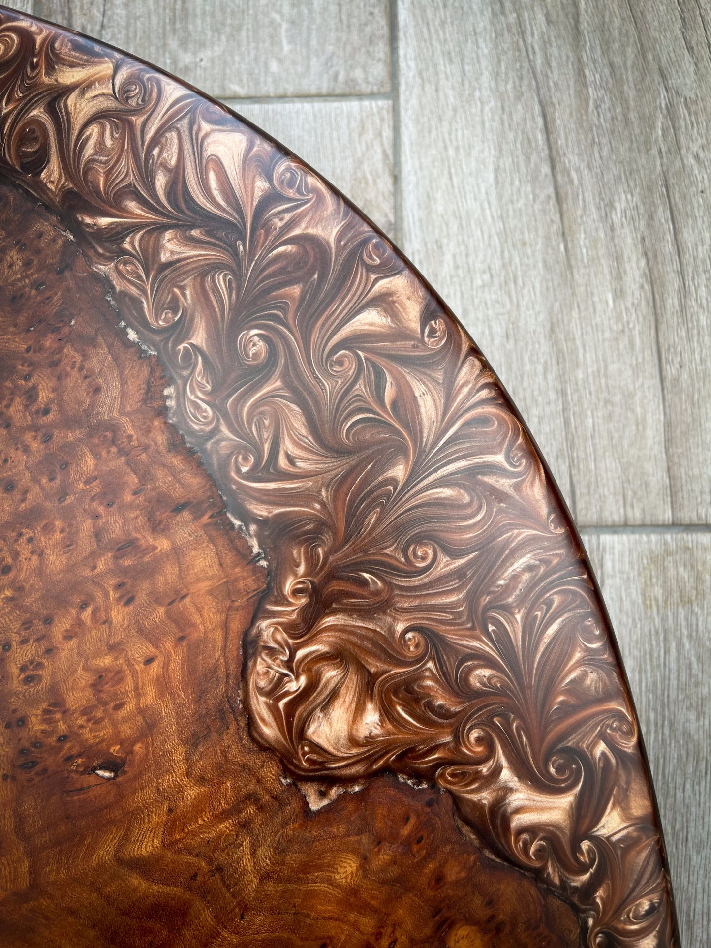 Large Wych Elm Burl Wood and Golden Bronze Epoxy Resin Charcuterie Board