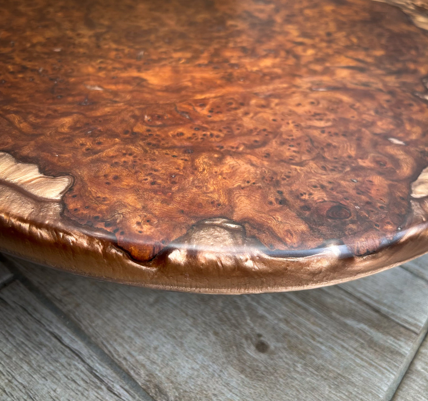 Large Wych Elm Burl Wood and Golden Bronze Epoxy Resin Charcuterie Board