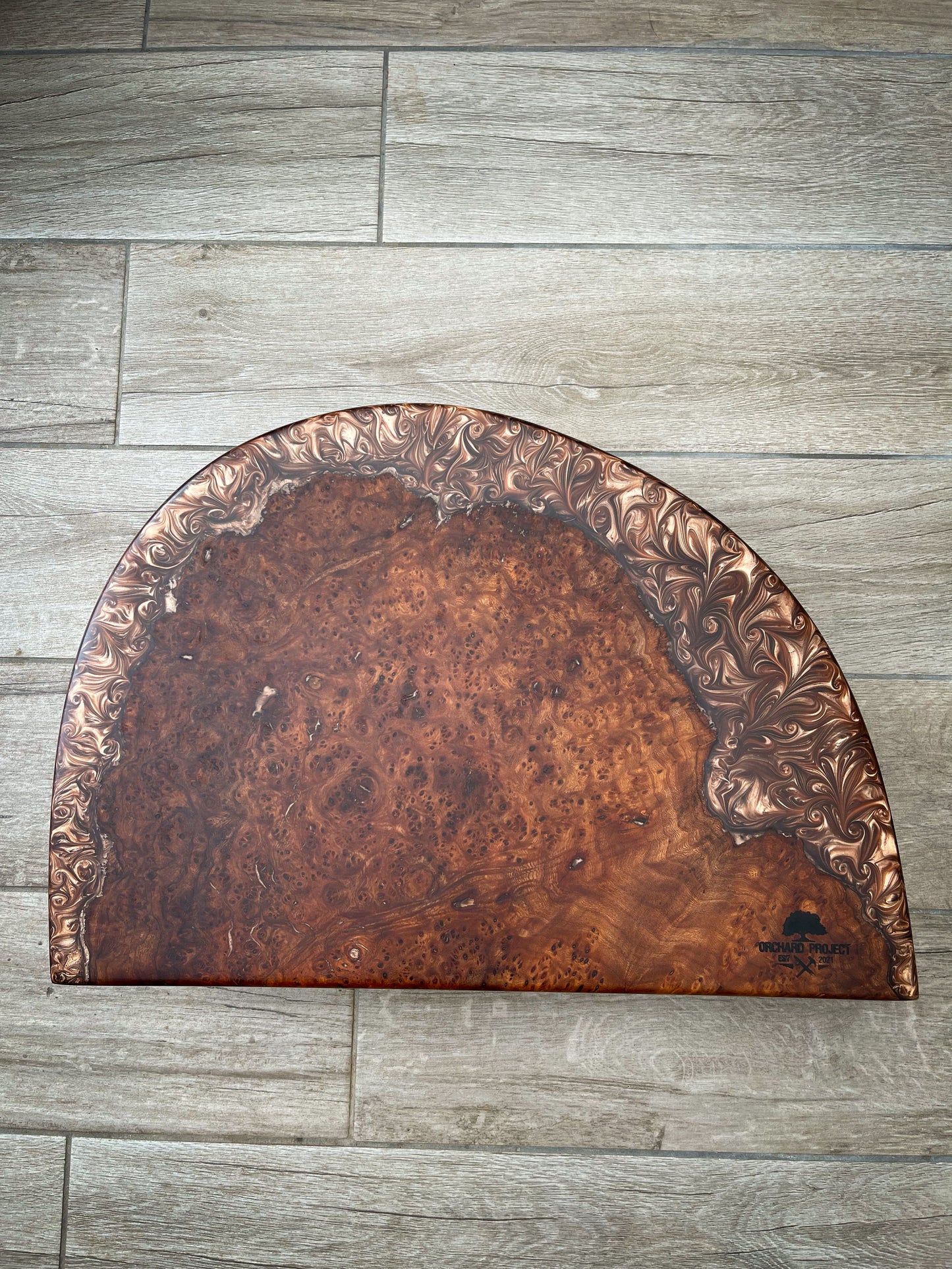 Large Wych Elm Burl Wood and Golden Bronze Epoxy Resin Charcuterie Board