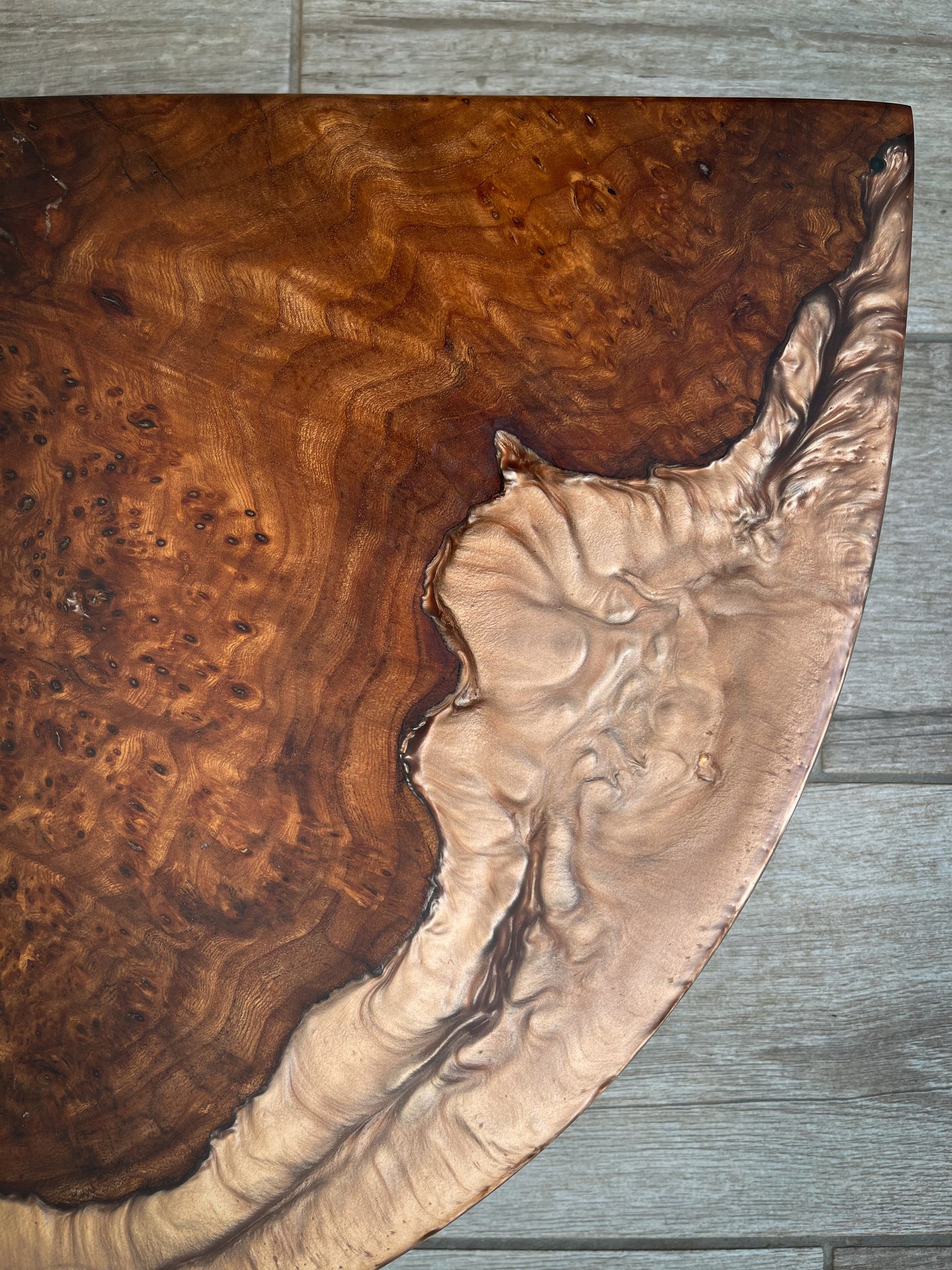 Large Wych Elm Burl Wood and Golden Bronze Epoxy Resin Charcuterie Board