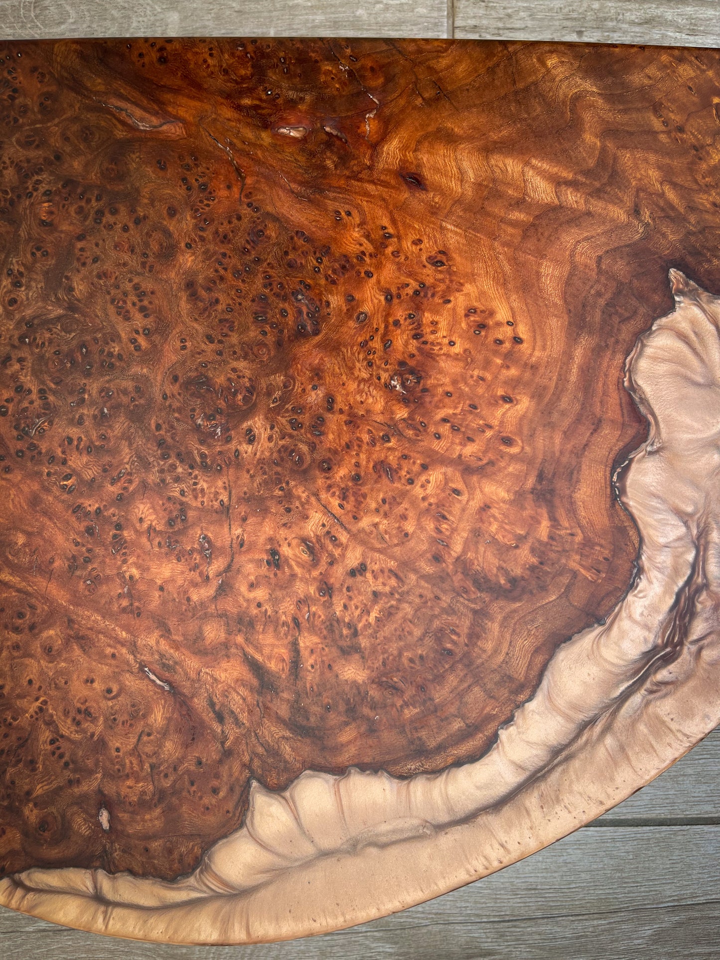 Large Wych Elm Burl Wood and Golden Bronze Epoxy Resin Charcuterie Board