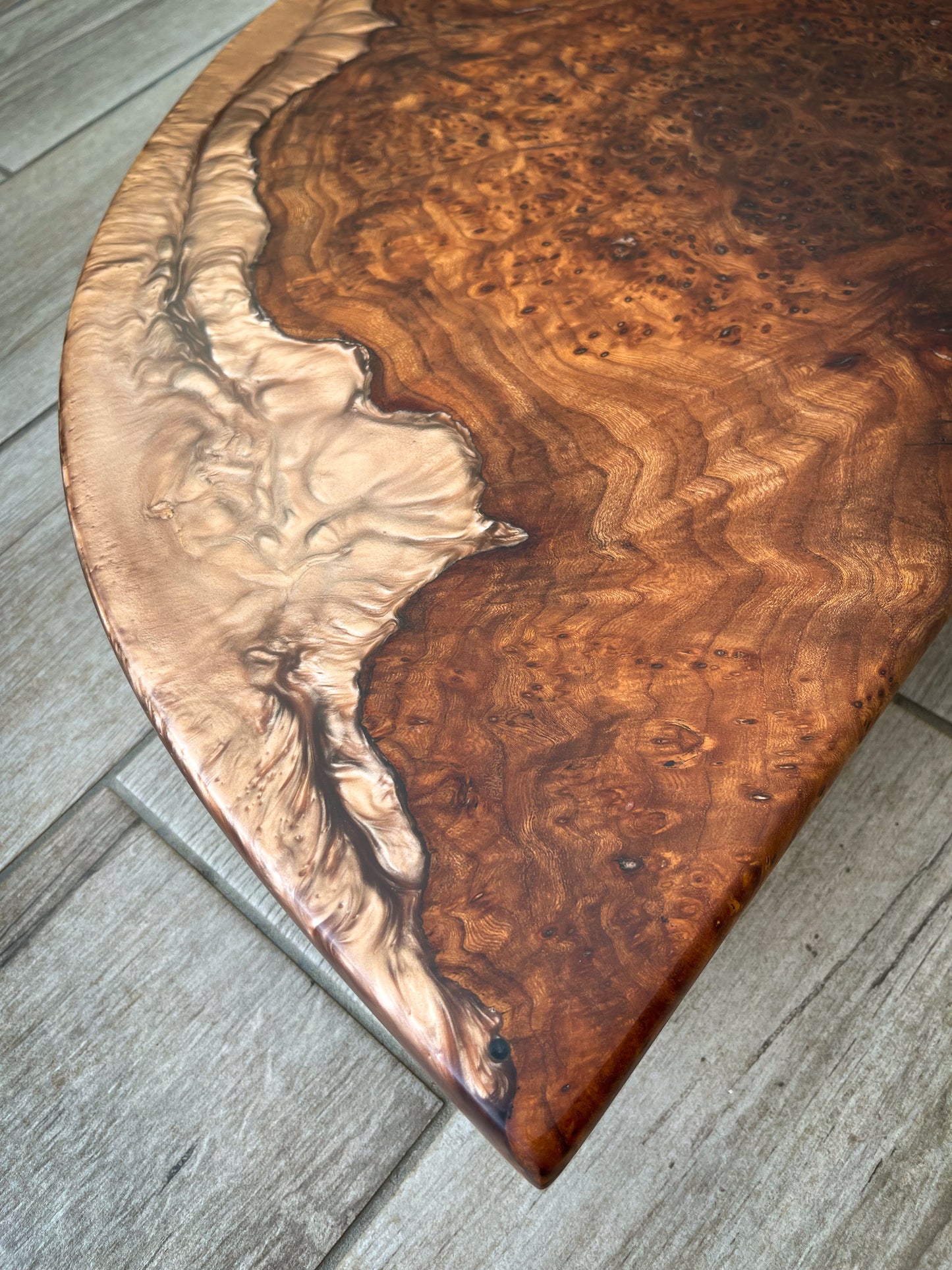Large Wych Elm Burl Wood and Golden Bronze Epoxy Resin Charcuterie Board