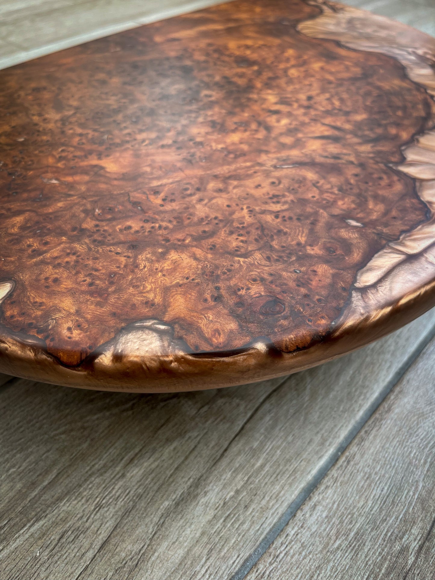 Large Wych Elm Burl Wood and Golden Bronze Epoxy Resin Charcuterie Board