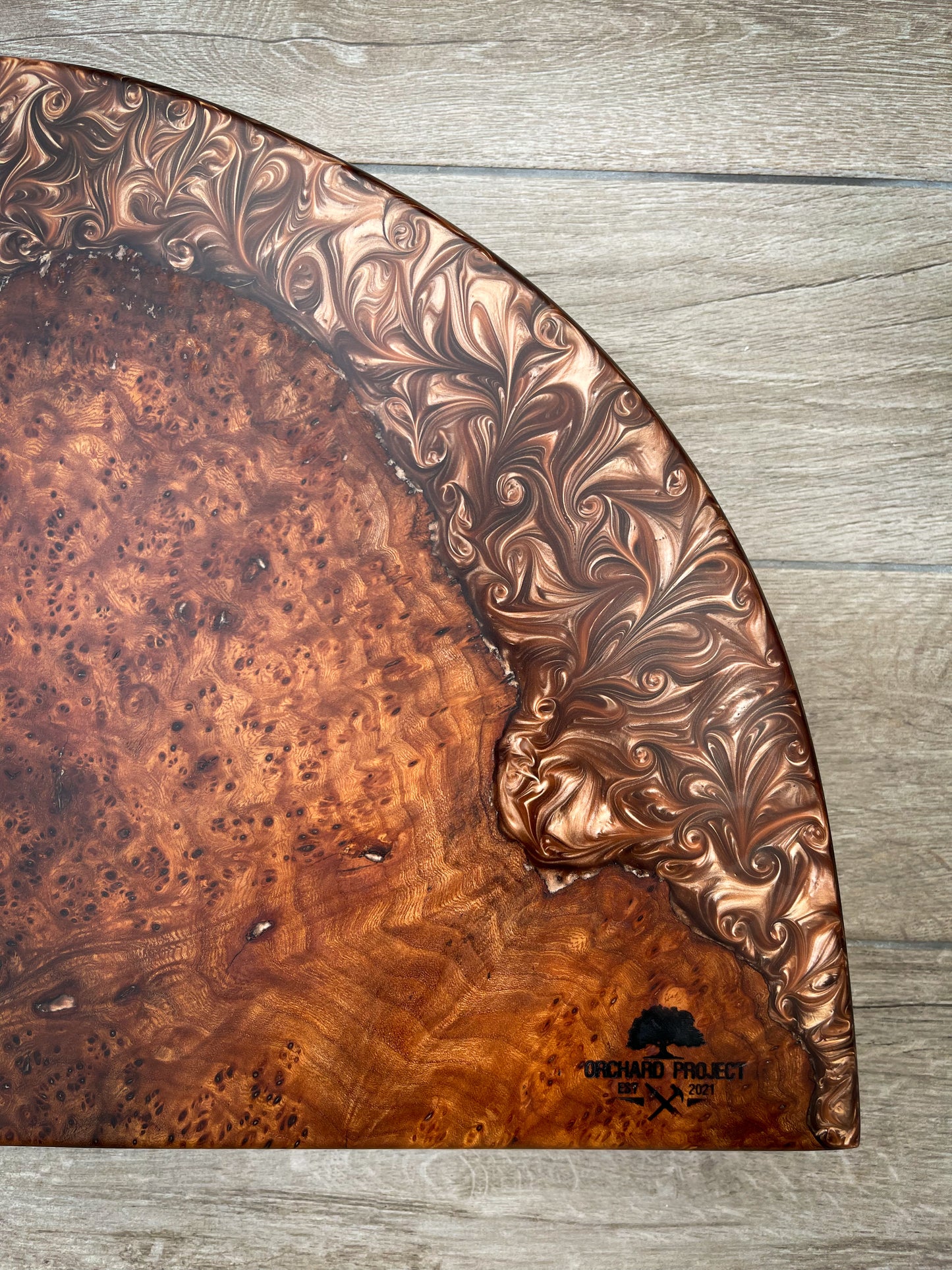 Large Wych Elm Burl Wood and Golden Bronze Epoxy Resin Charcuterie Board