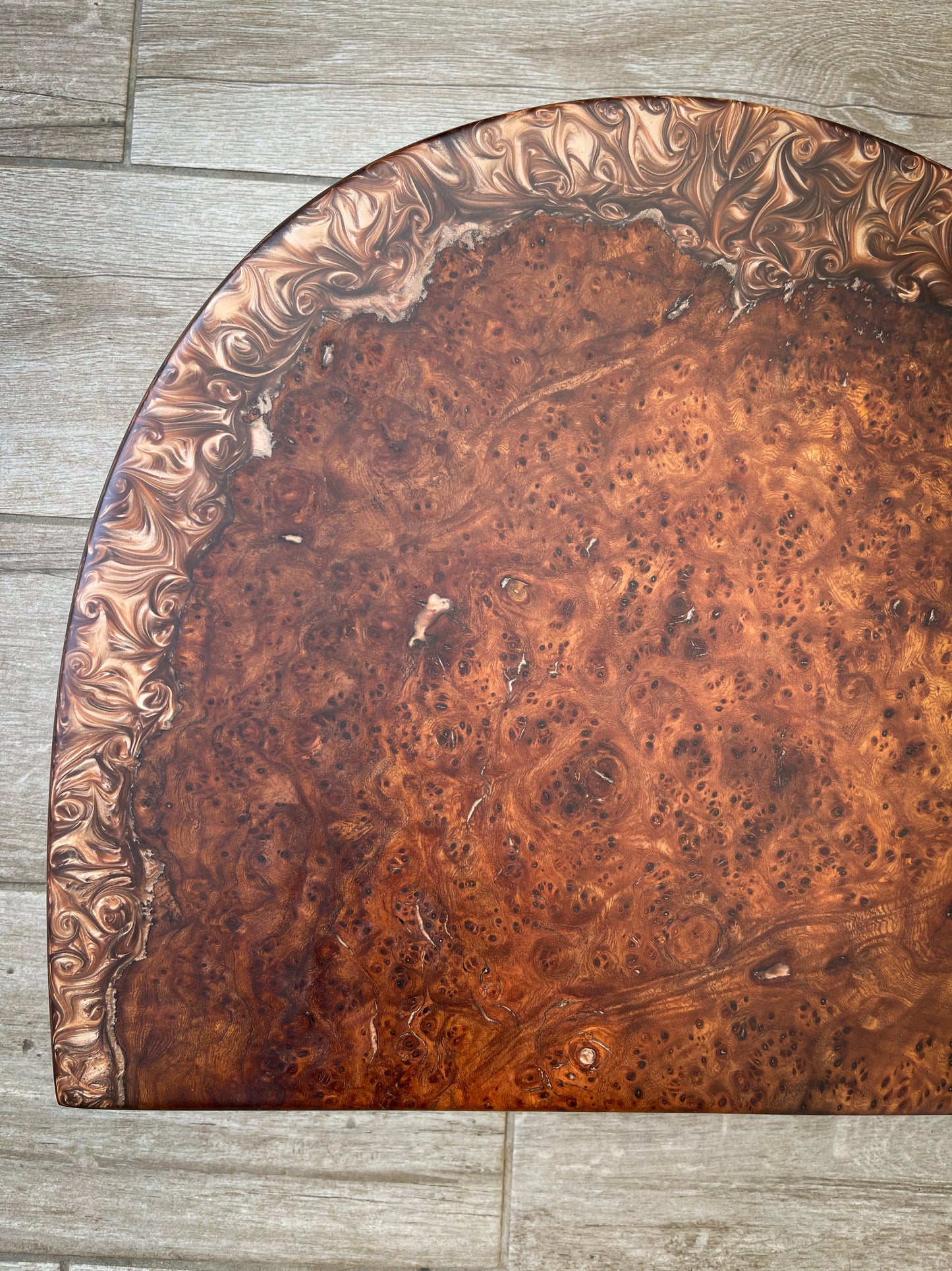 Large Wych Elm Burl Wood and Golden Bronze Epoxy Resin Charcuterie Board