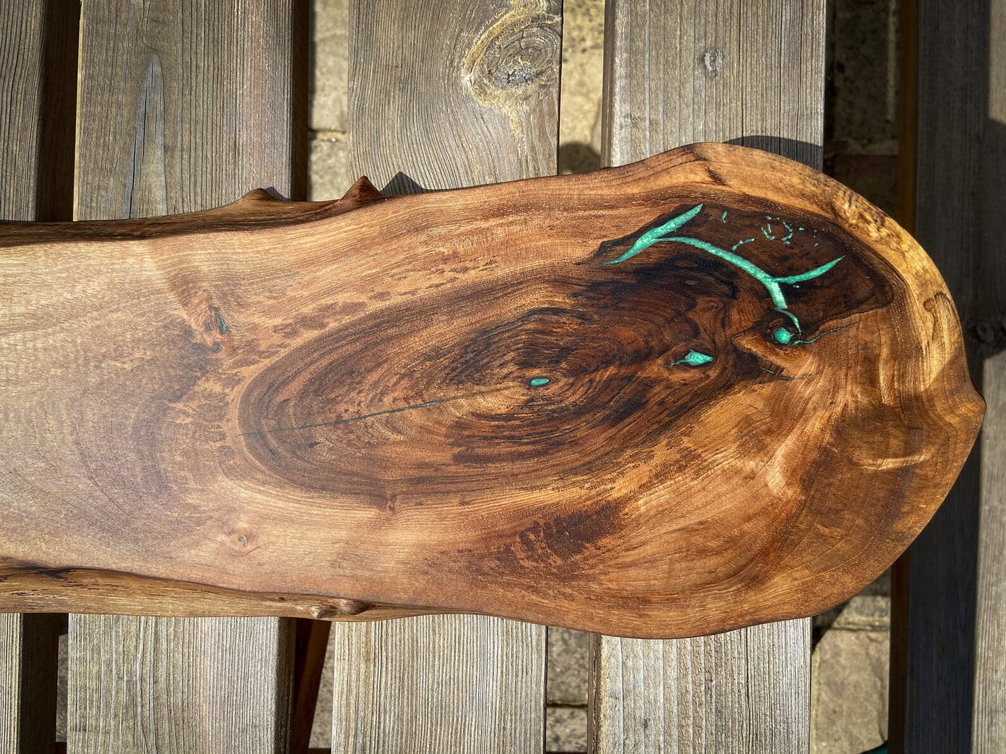 Large English Walnut and Pickled Green Epoxy Resin Charcuterie Board