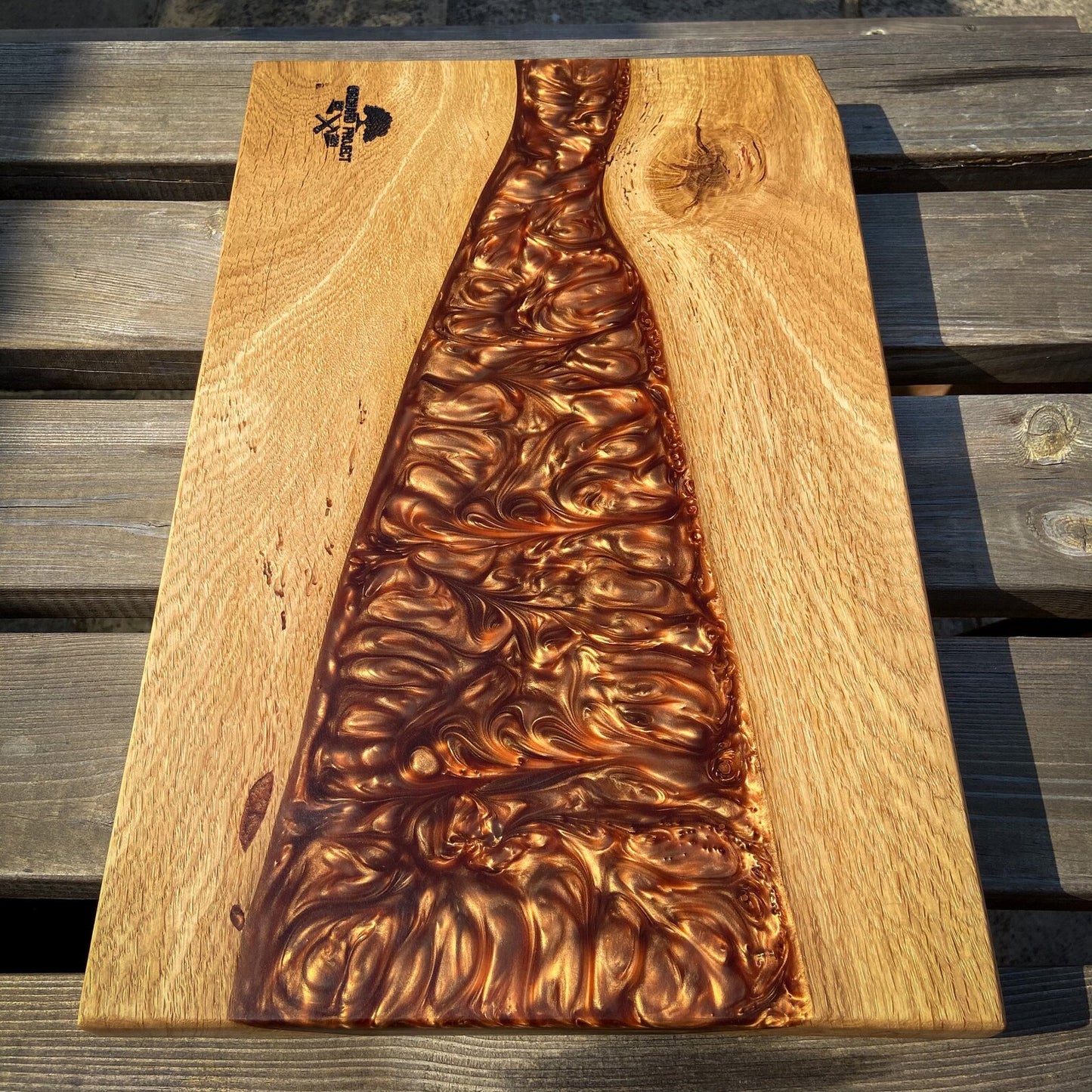Large Oak Wood and Golden Brown Epoxy Resin Charcuterie Board