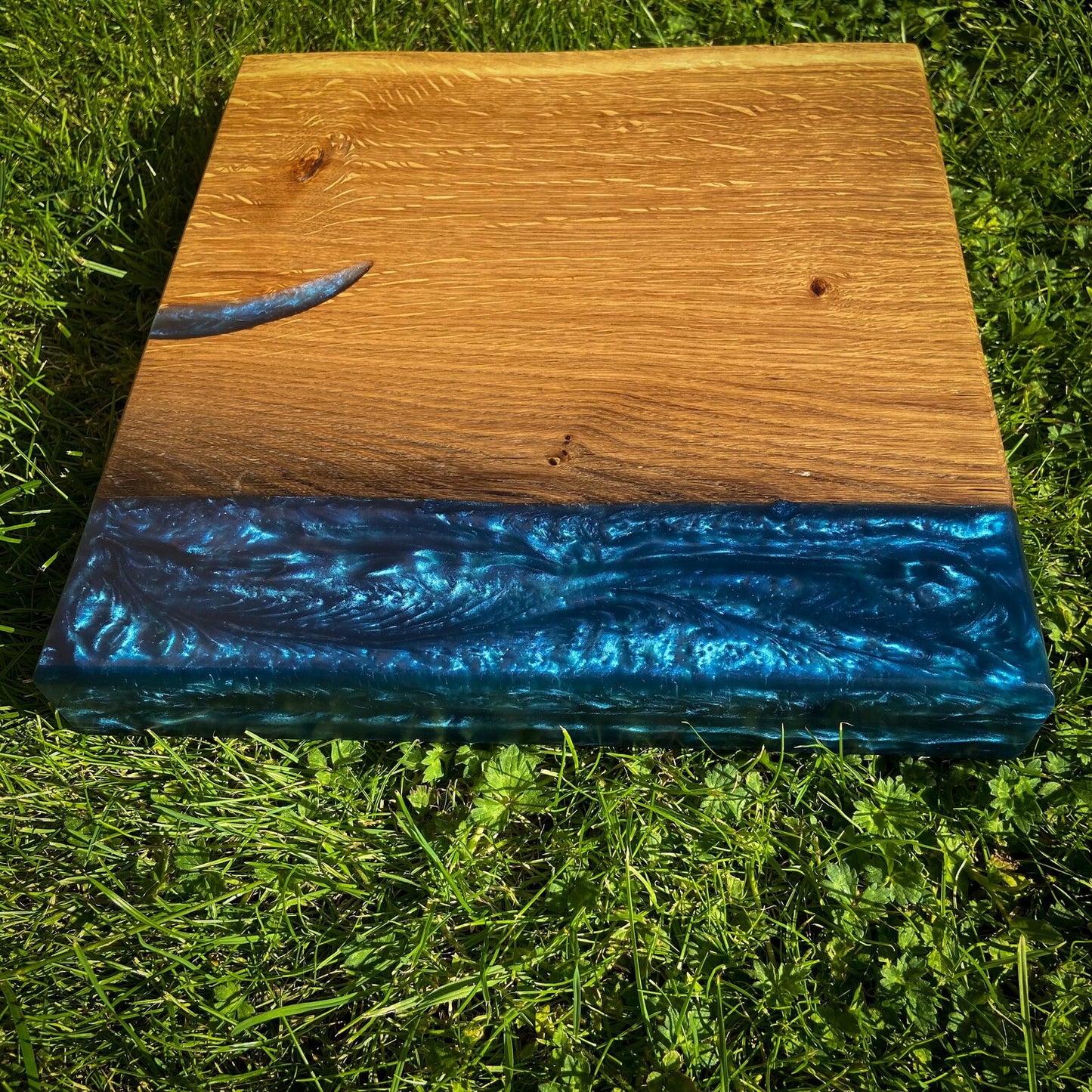 Medium Oak Wood and Navy Blue Epoxy Resin Charcuterie Board