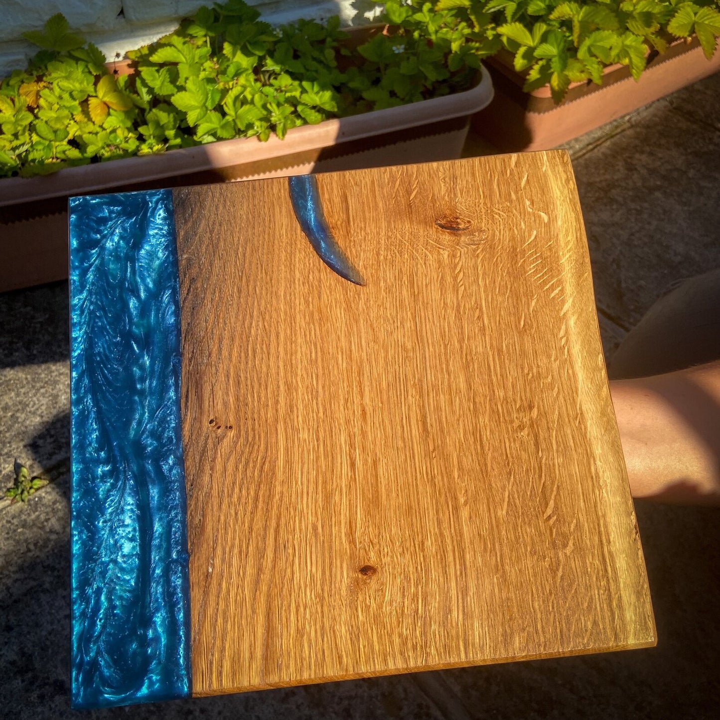 Medium Oak Wood and Navy Blue Epoxy Resin Charcuterie Board