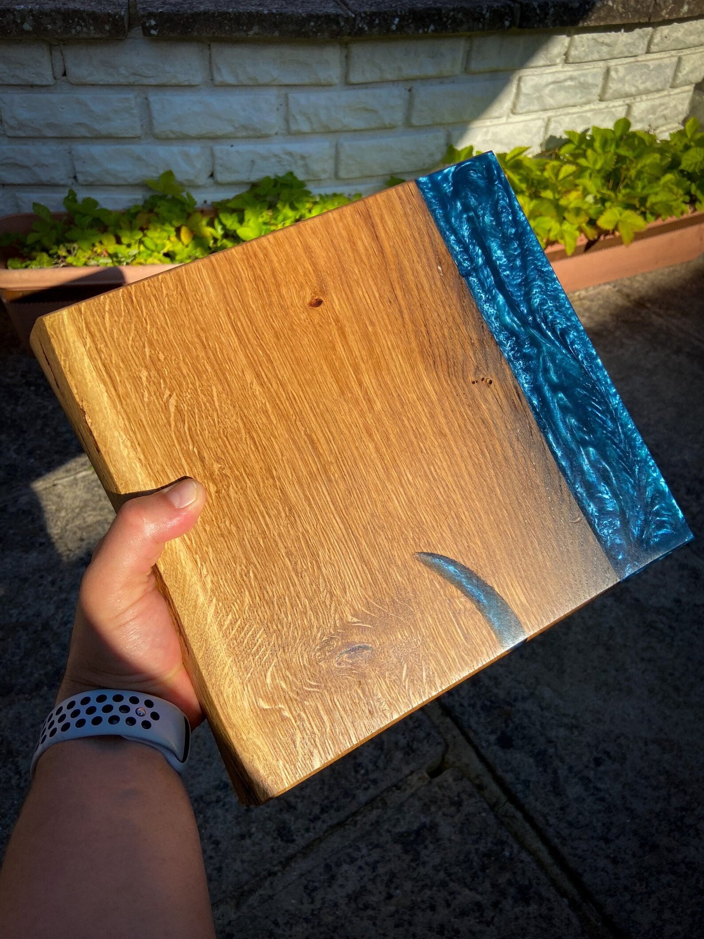 Medium Oak Wood and Navy Blue Epoxy Resin Charcuterie Board