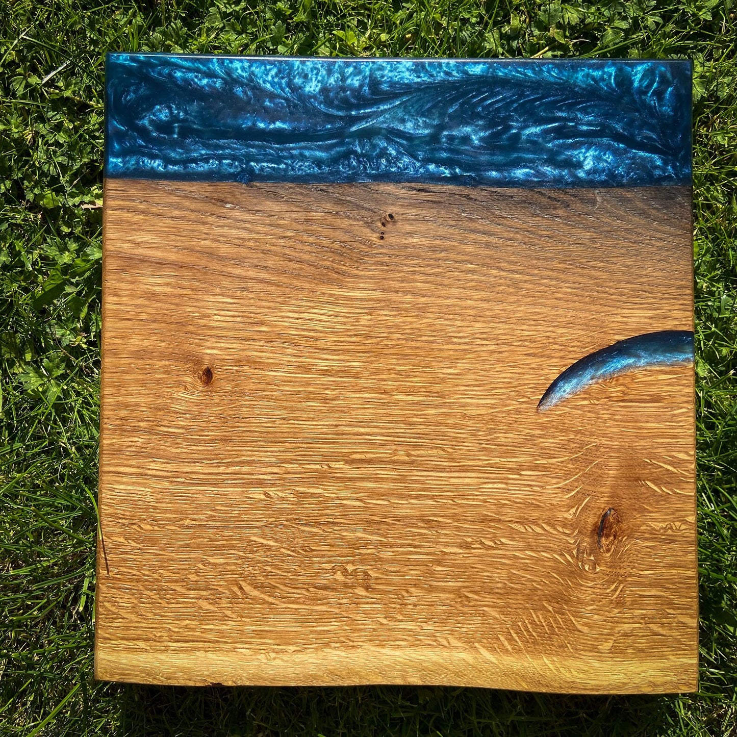 Medium Oak Wood and Navy Blue Epoxy Resin Charcuterie Board