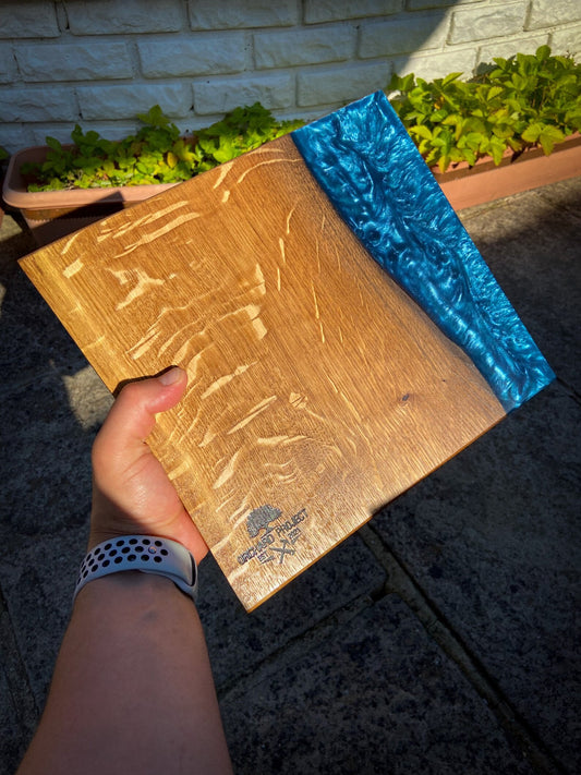 Medium Oak Wood and Navy Blue Epoxy Resin Charcuterie Board