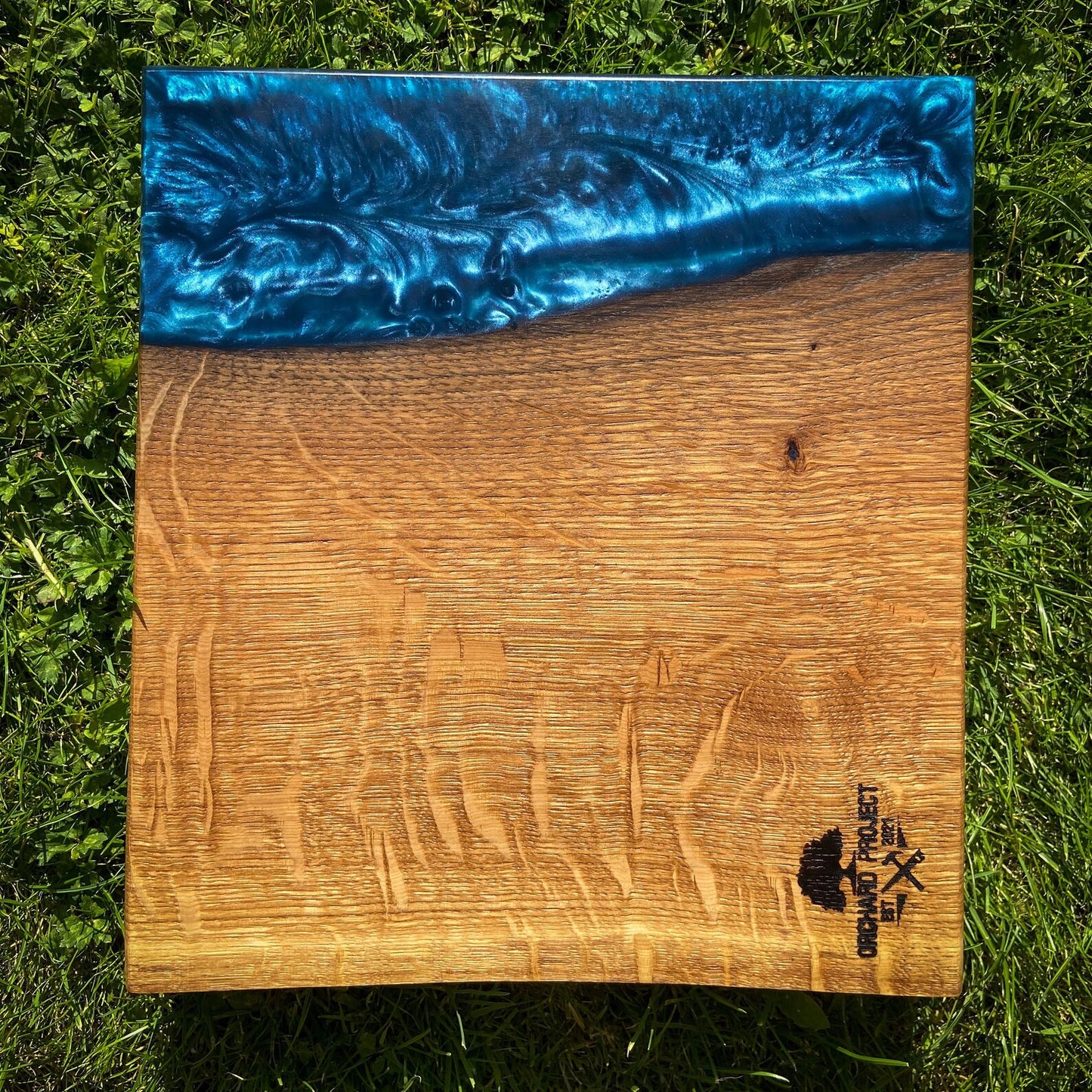 Medium Oak Wood and Navy Blue Epoxy Resin Charcuterie Board