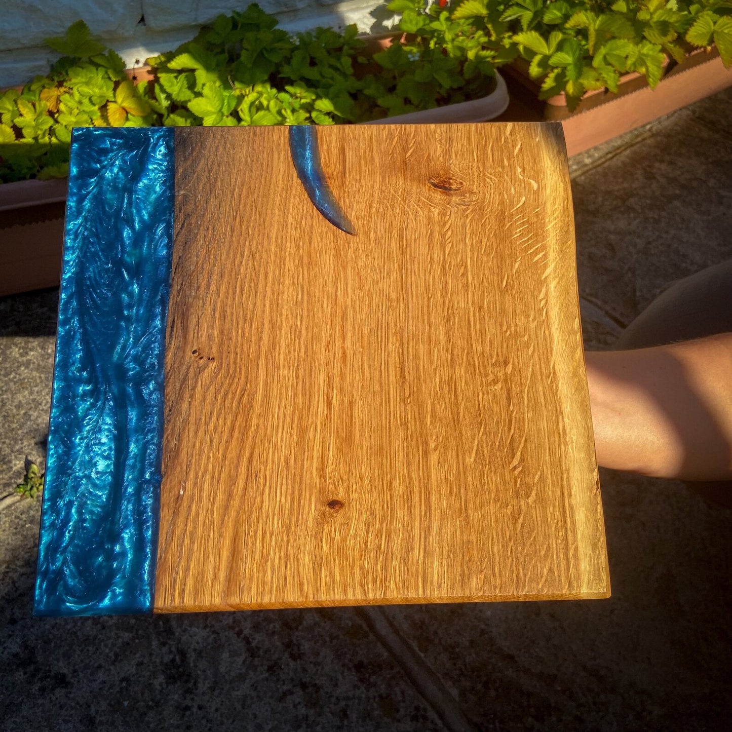 Medium Oak Wood and Navy Blue Epoxy Resin Charcuterie Board