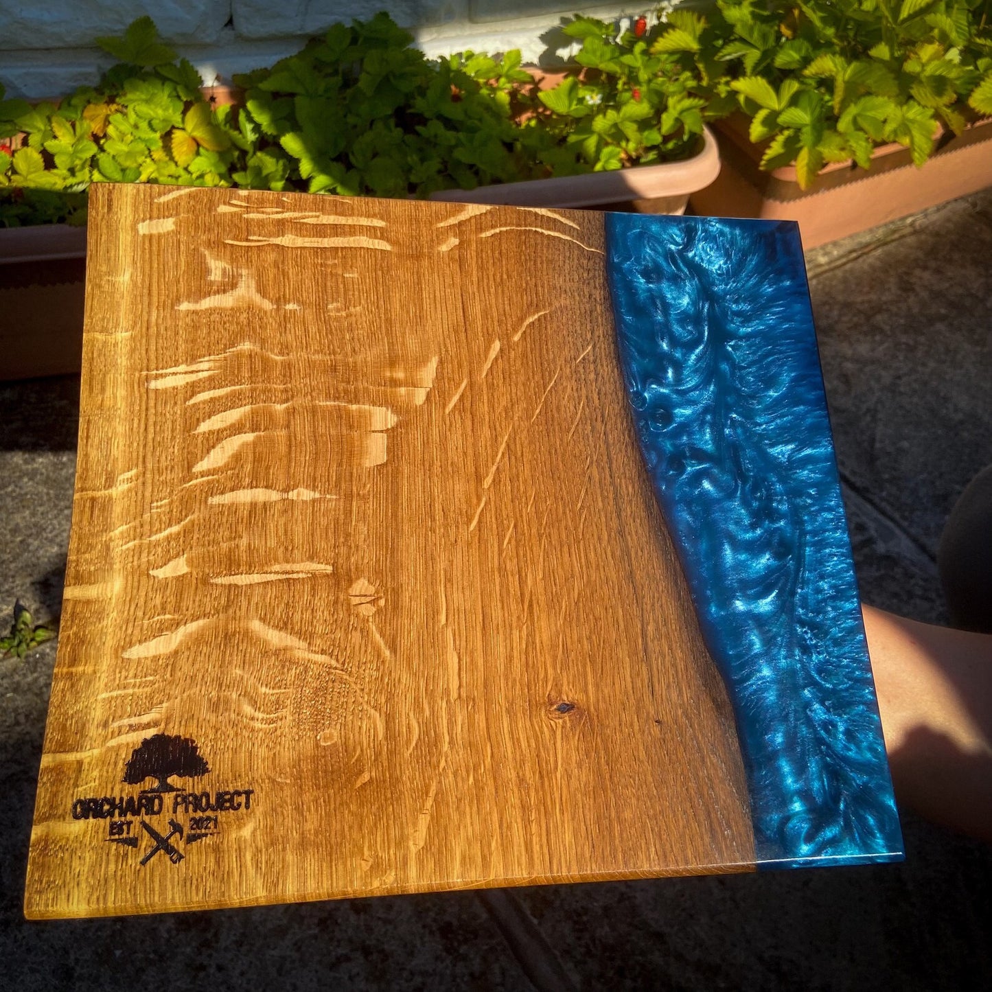 Medium Oak Wood and Navy Blue Epoxy Resin Charcuterie Board