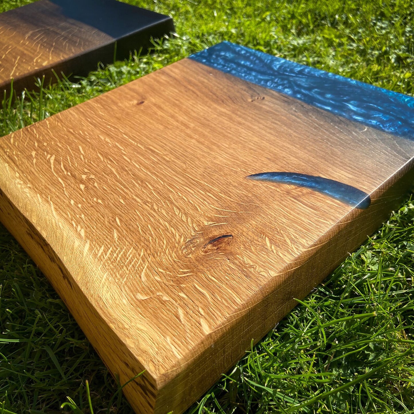 Medium Oak Wood and Navy Blue Epoxy Resin Charcuterie Board