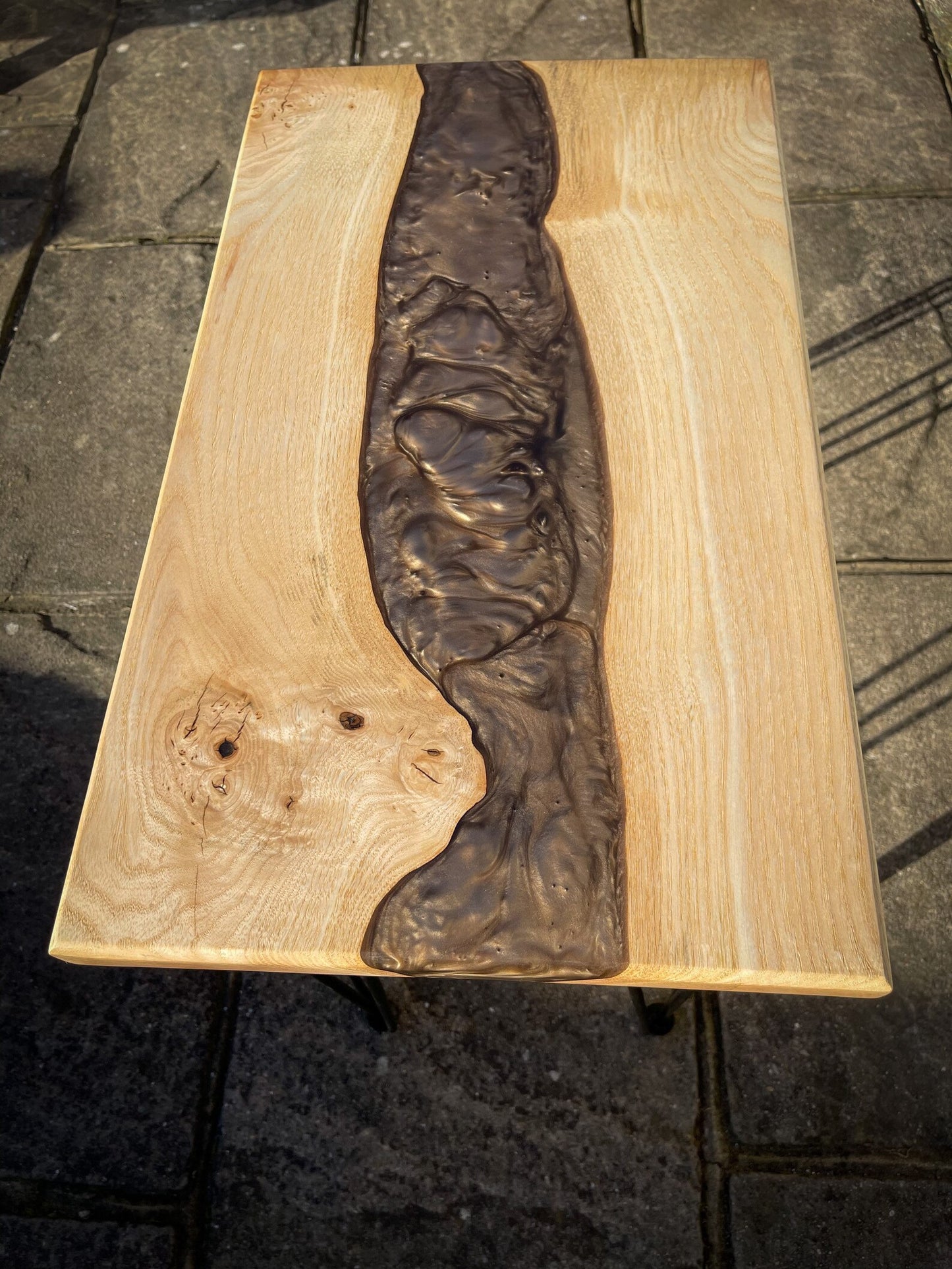 Ash Wood and Golden Chocolate Epoxy Resin River Side Table