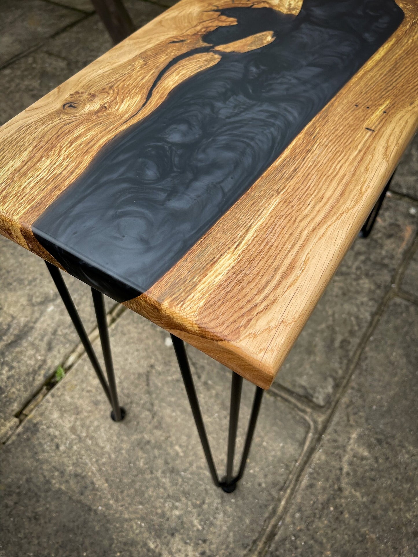 Oak Wood and Black Epoxy Resin River Side Table