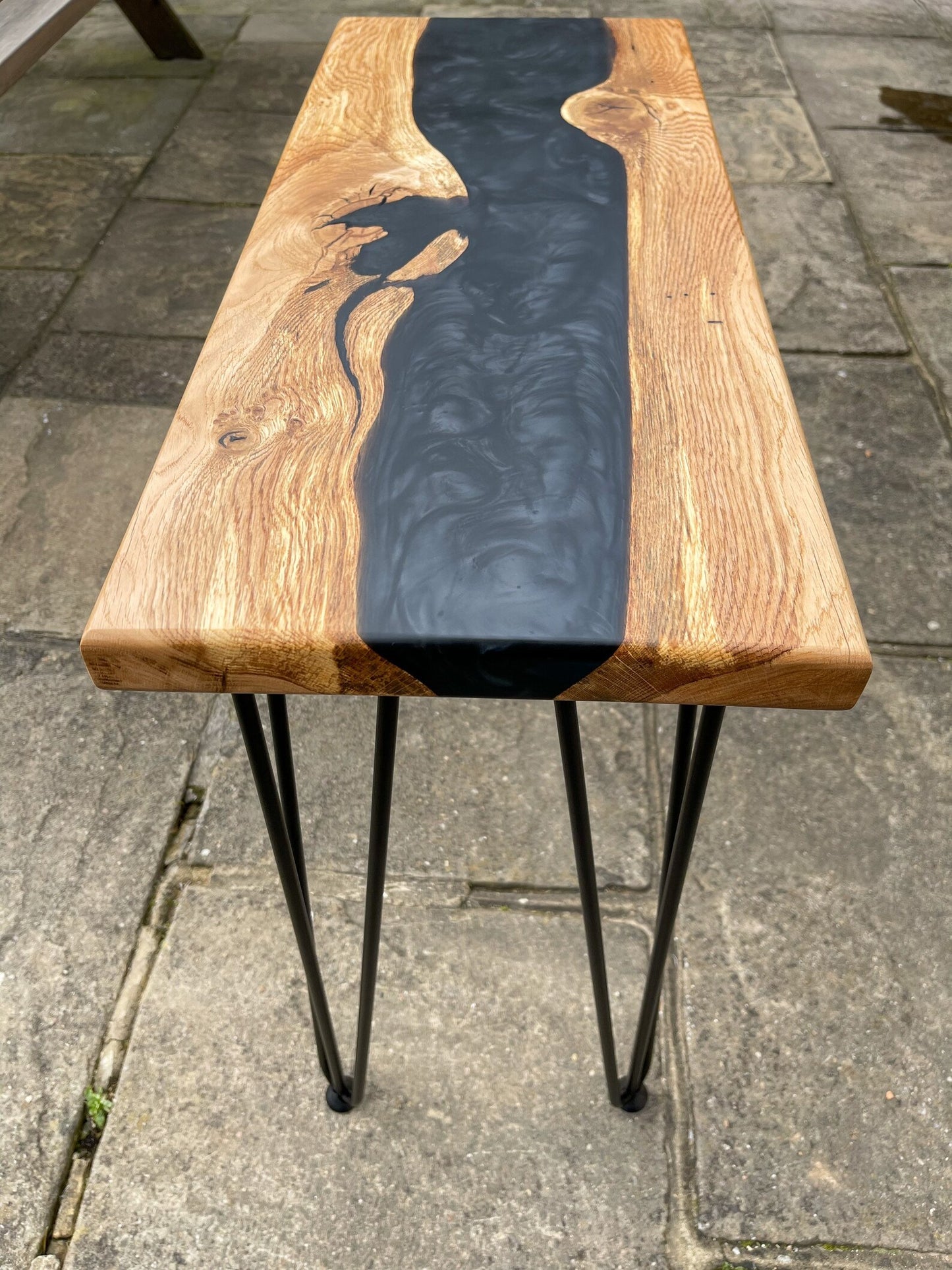 Oak Wood and Black Epoxy Resin River Side Table