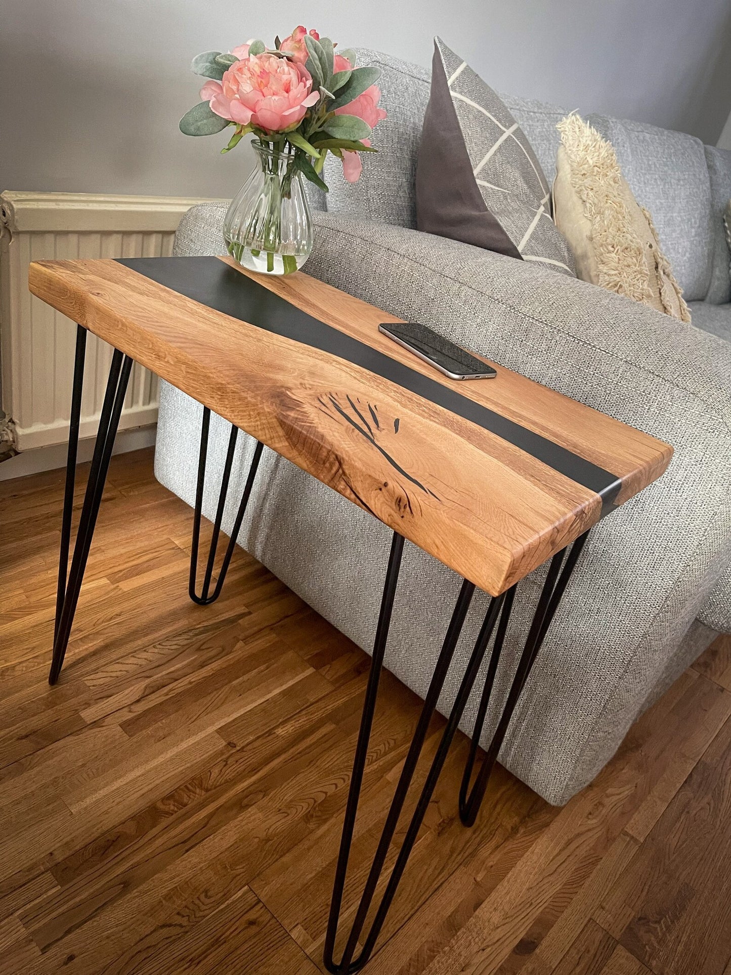 Oak Wood and Black Epoxy Resin River Side Table