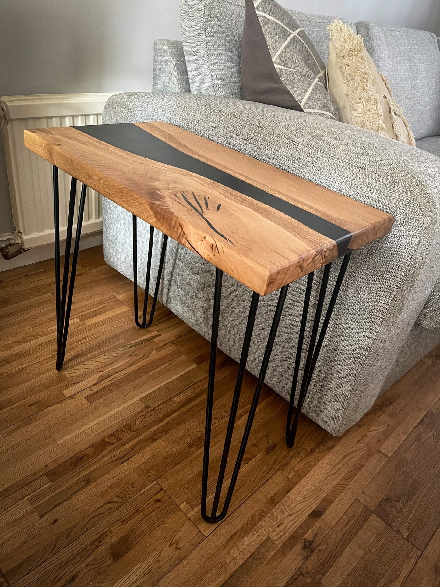 Oak Wood and Black Epoxy Resin River Side Table