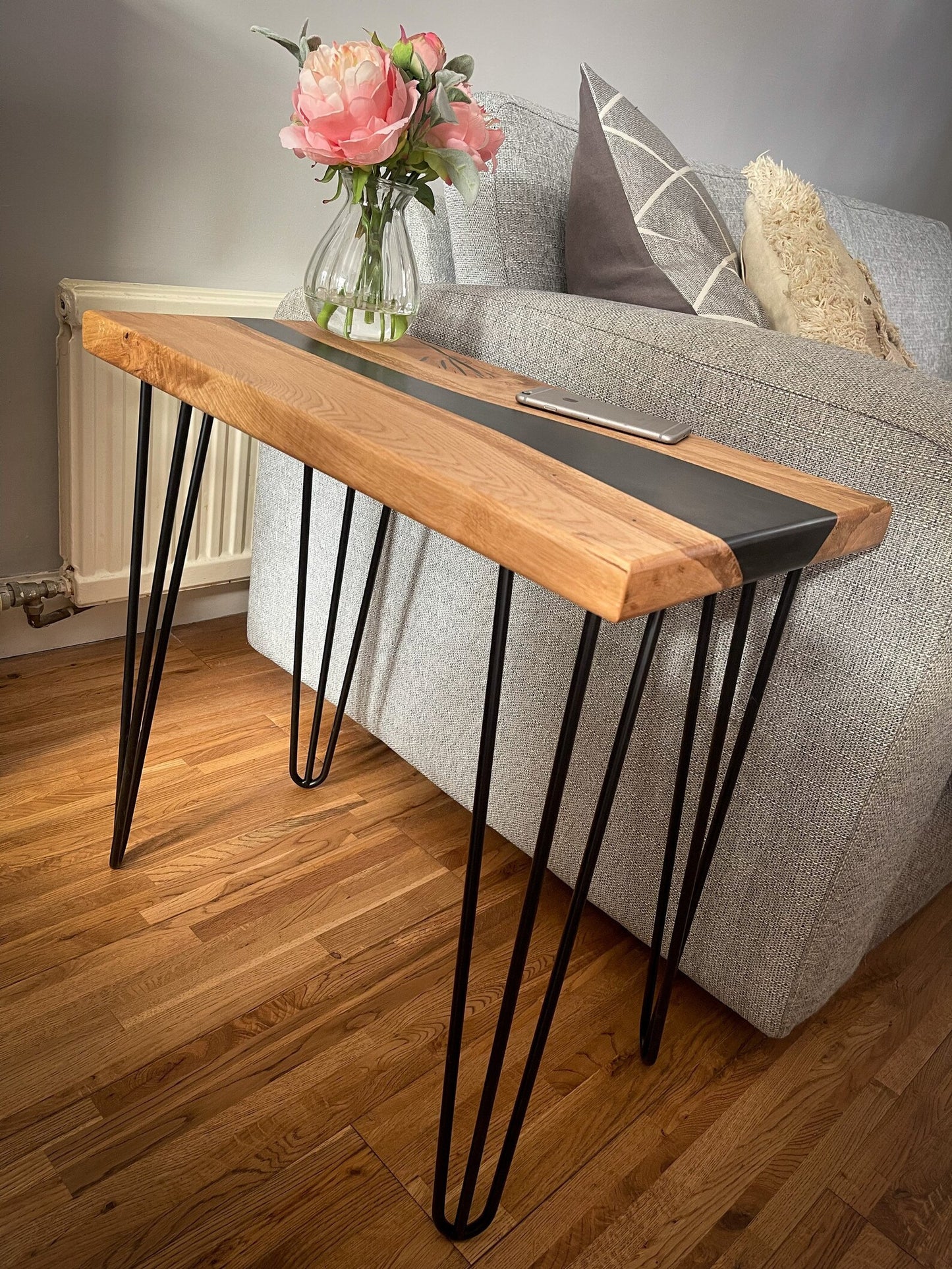 Oak Wood and Black Epoxy Resin River Side Table
