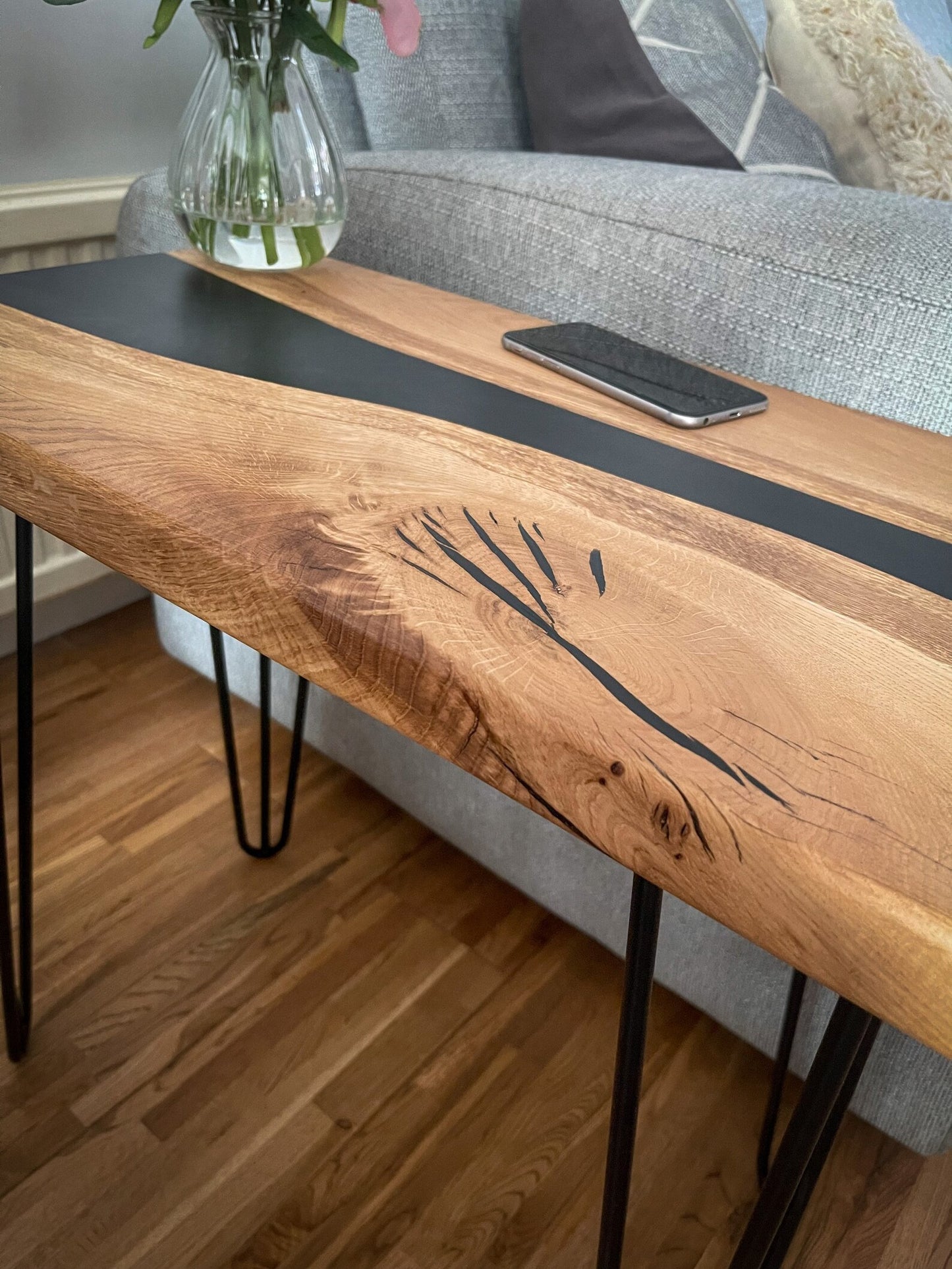 Oak Wood and Black Epoxy Resin River Side Table