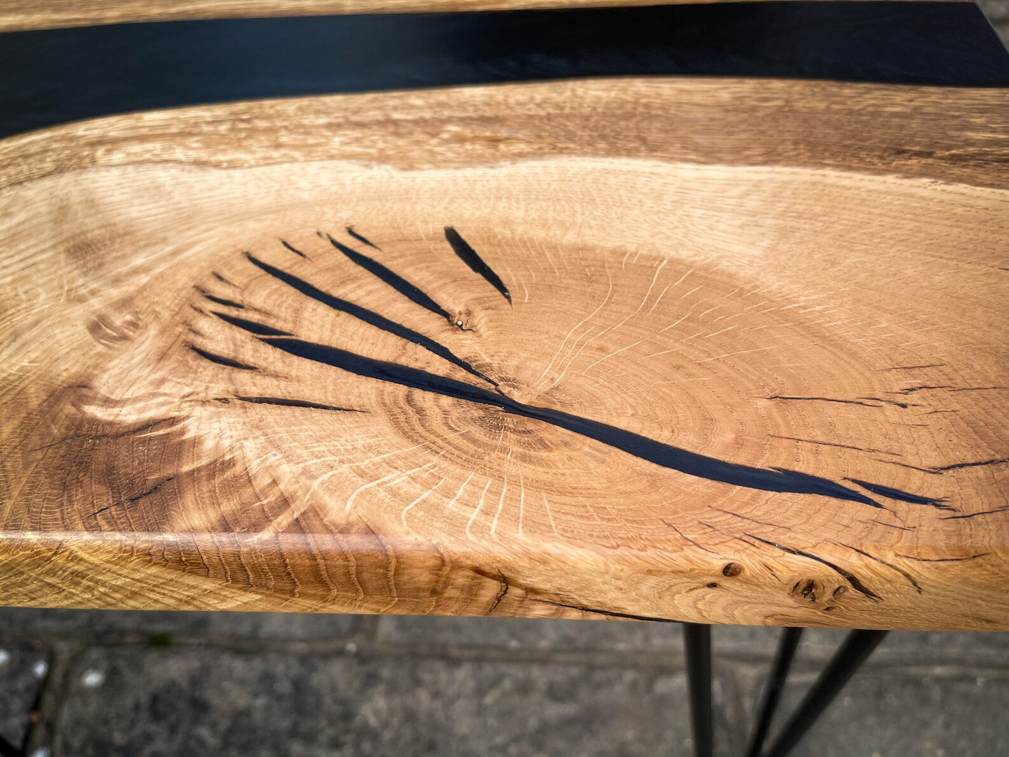 Oak Wood and Black Epoxy Resin River Side Table