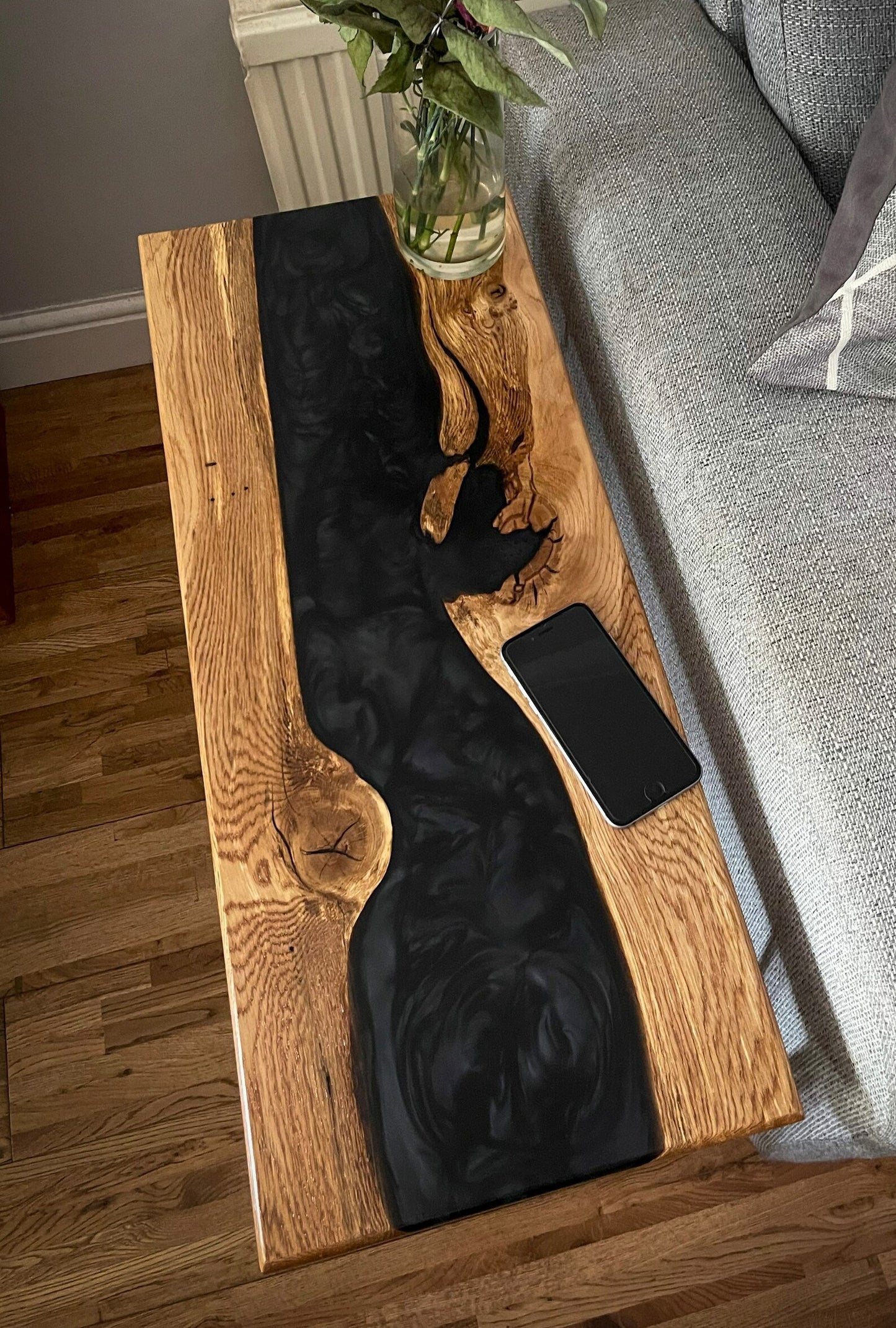 Oak Wood and Black Epoxy Resin River Side Table