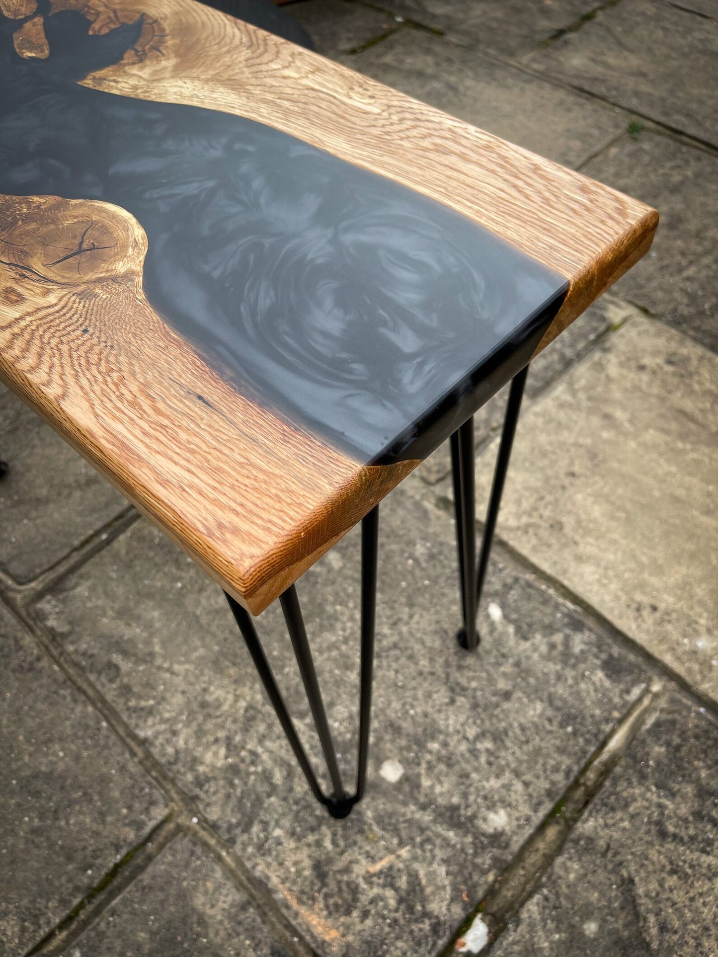 Oak Wood and Black Epoxy Resin River Side Table