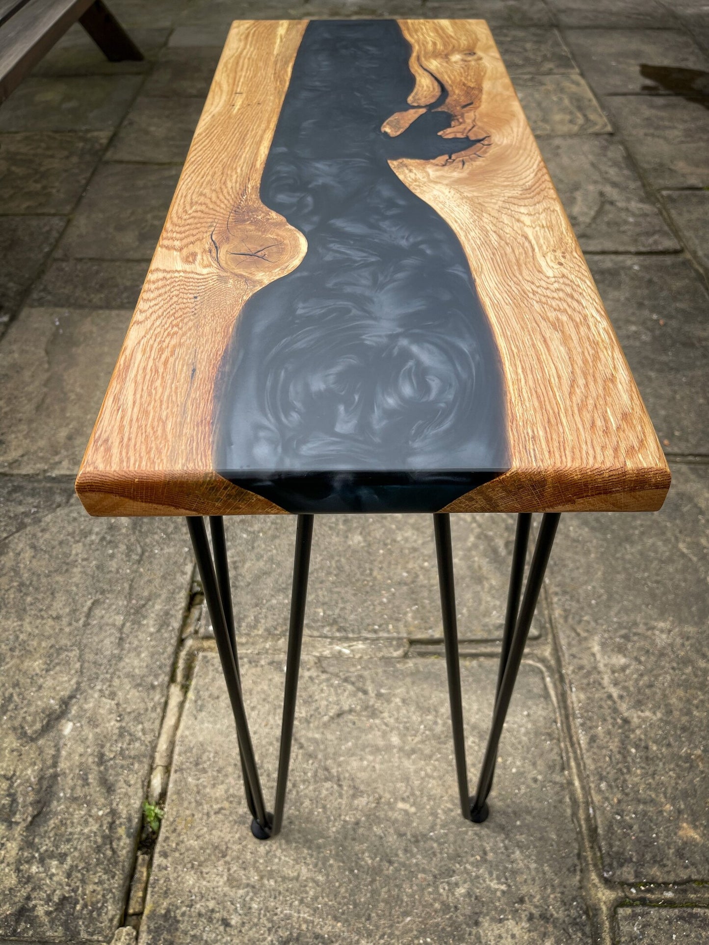 Oak Wood and Black Epoxy Resin River Side Table
