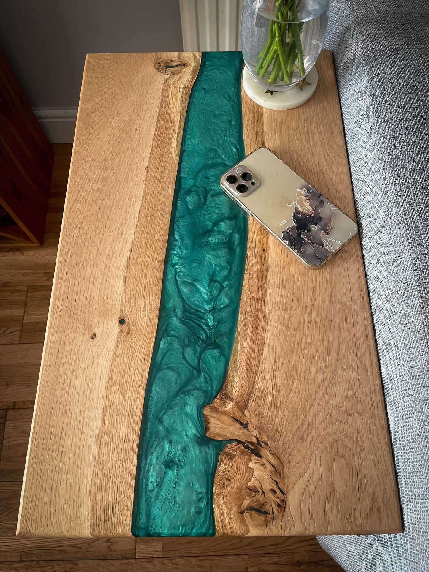 Oak Wood and Turquoise Green Epoxy Resin River Side Table