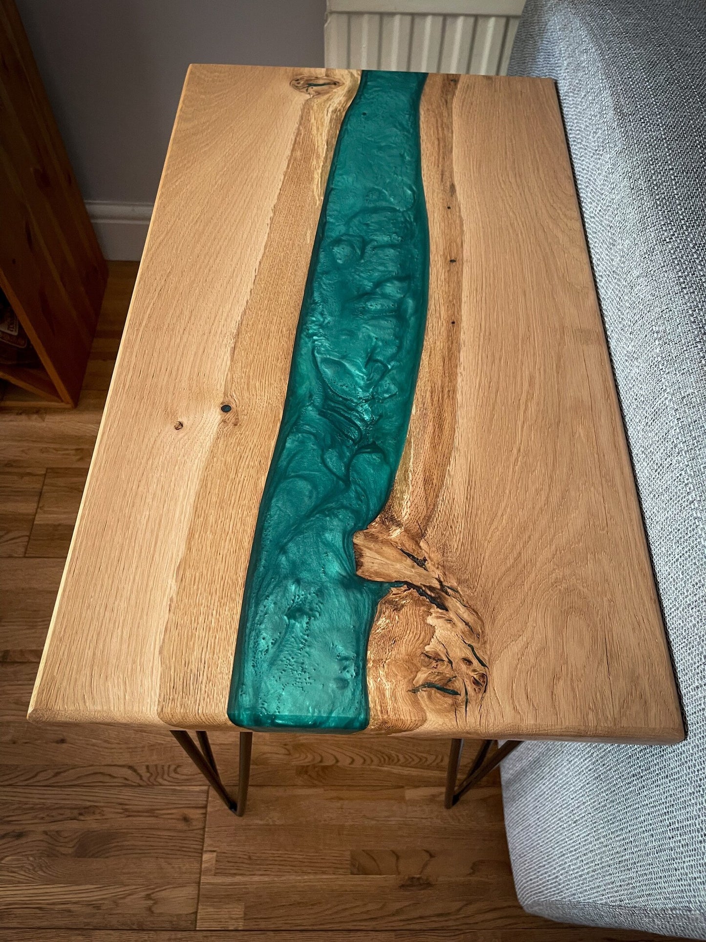 Oak Wood and Turquoise Green Epoxy Resin River Side Table