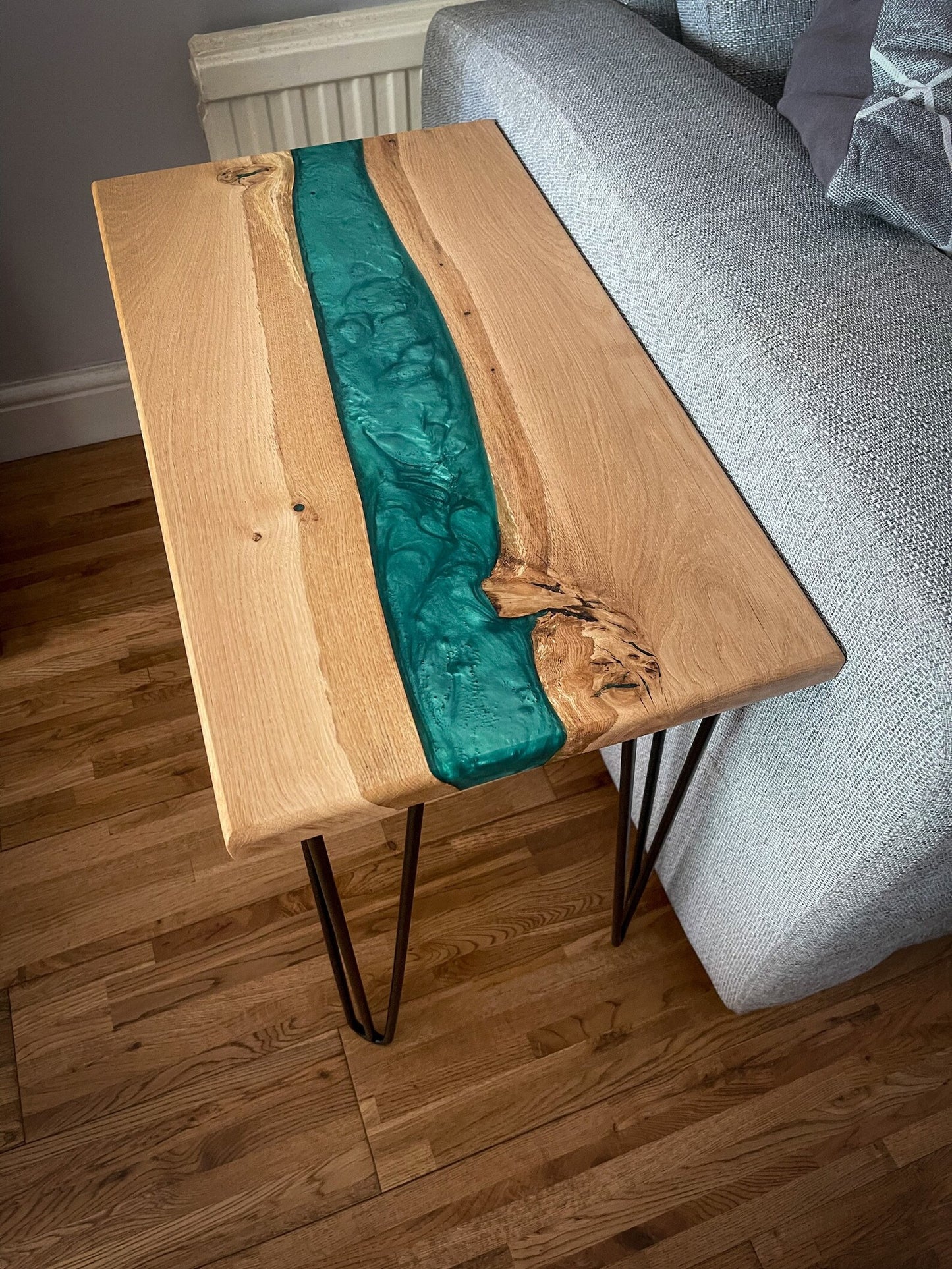 Oak Wood and Turquoise Green Epoxy Resin River Side Table