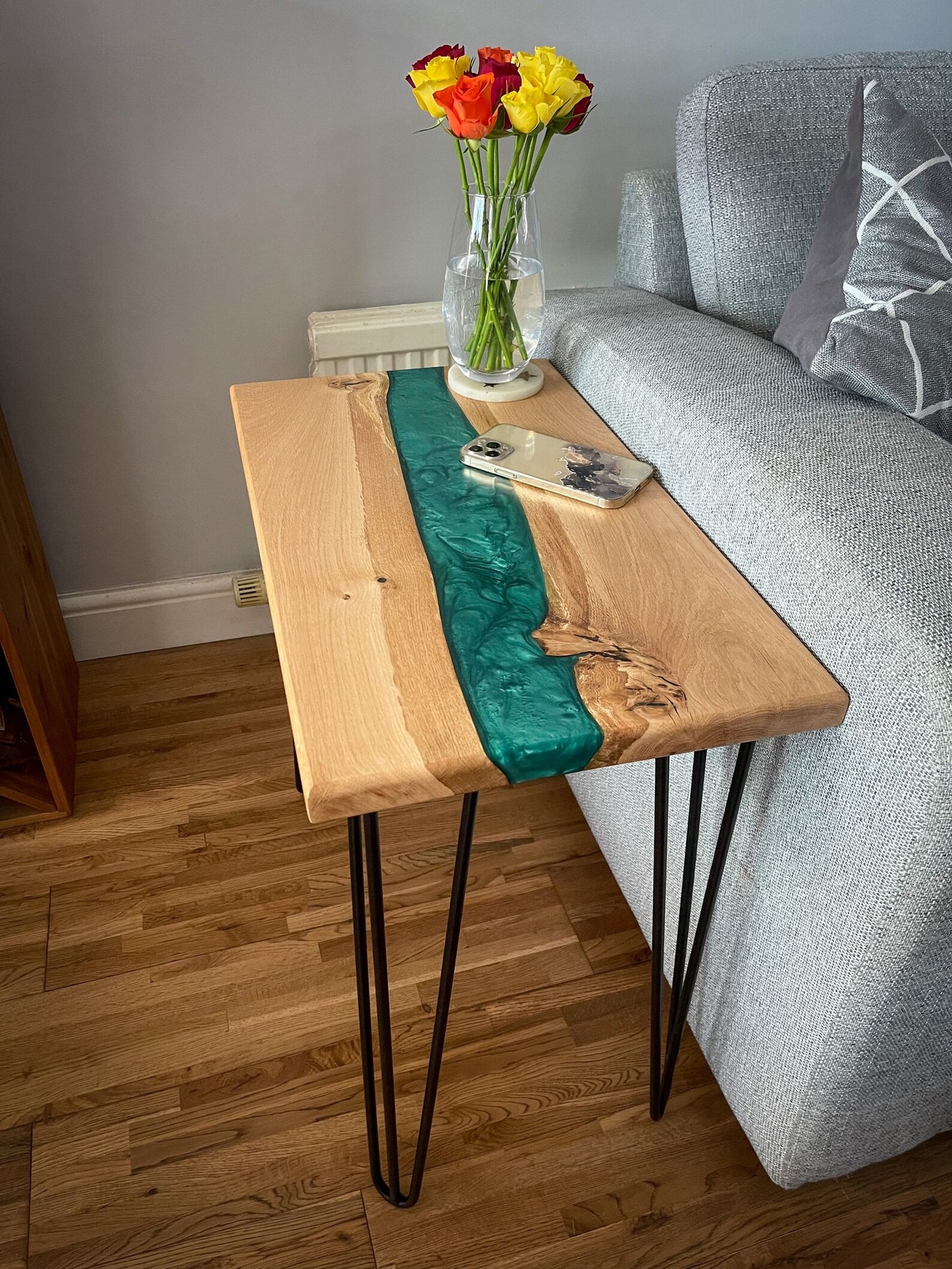 Oak Wood and Turquoise Green Epoxy Resin River Side Table